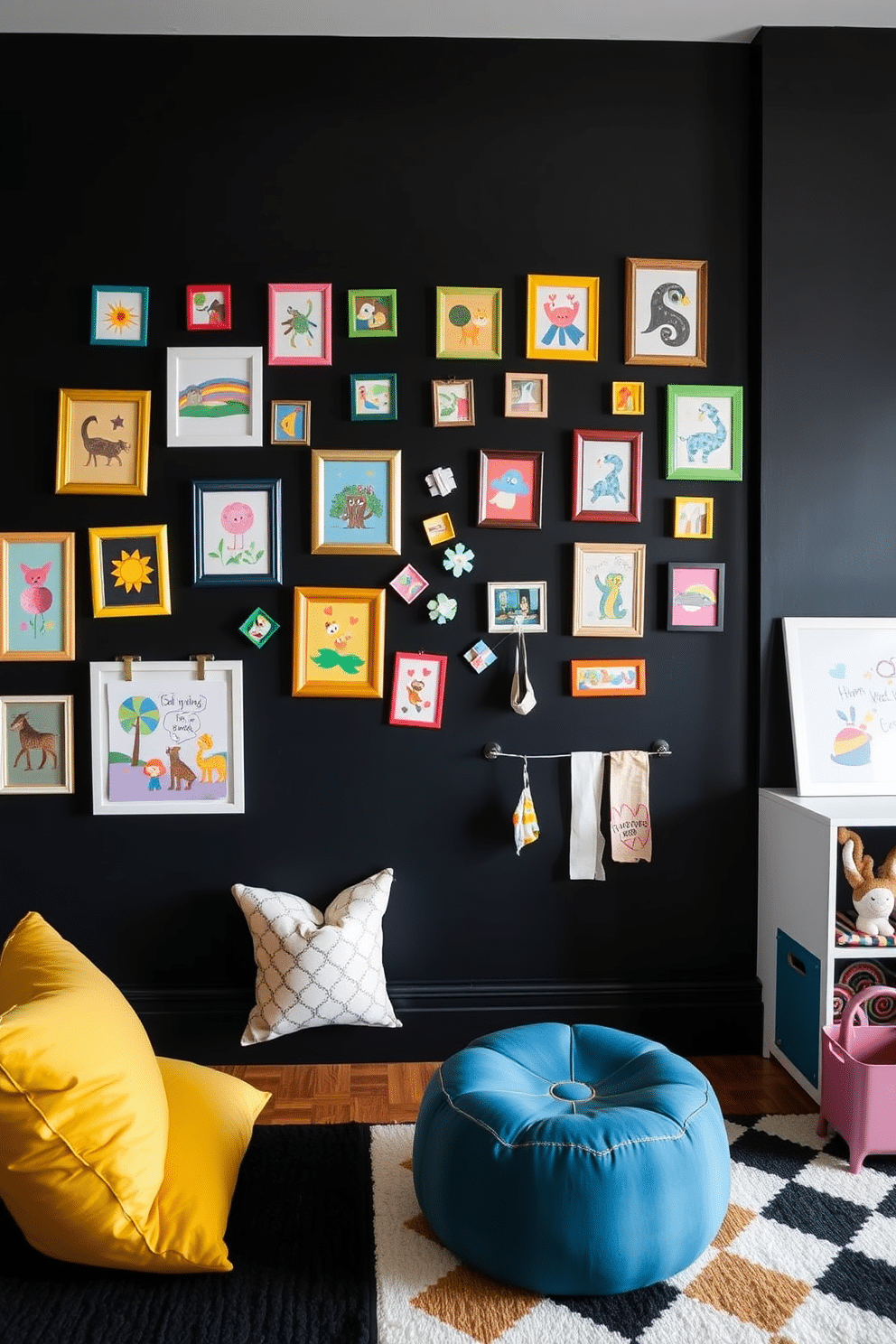 A magnetic wall adorned with colorful, framed artwork creates an engaging focal point in the playroom. The wall's interactive design encourages creativity, allowing children to easily swap out pieces as they create new masterpieces. The playroom features a sleek black color scheme, with soft furnishings in vibrant hues to add contrast. Playful elements like a geometric rug and whimsical storage solutions enhance the space, making it both stylish and functional for active play.