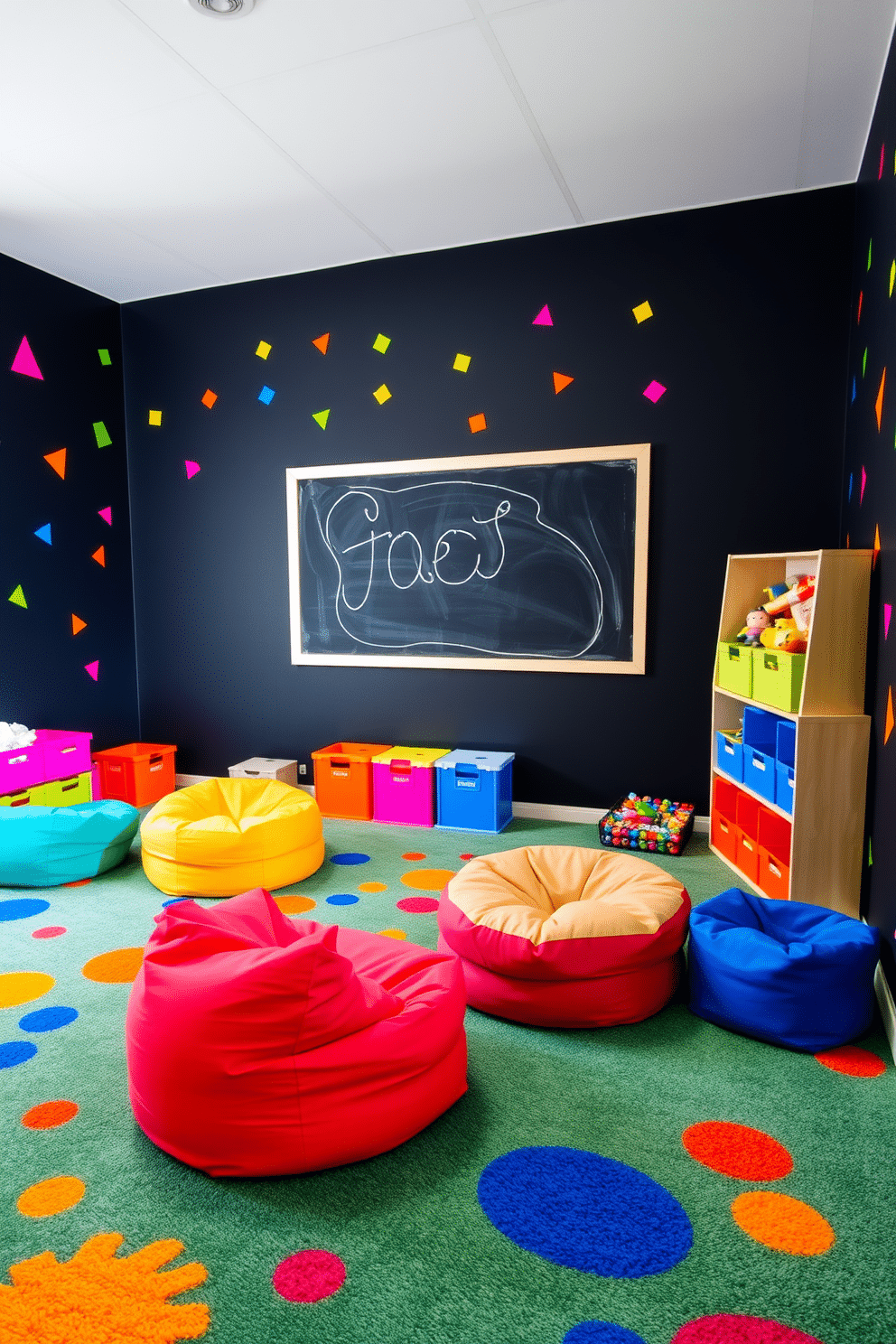 A vibrant play zone designed for children, featuring a black wall adorned with colorful geometric shapes. The floor is covered in a soft, plush carpet with bright splashes of color, creating a playful and inviting atmosphere. In one corner, a large black chalkboard allows for creative expression, surrounded by colorful storage bins filled with toys. Brightly colored bean bags and cushions are scattered throughout the space, providing cozy spots for relaxation and play.