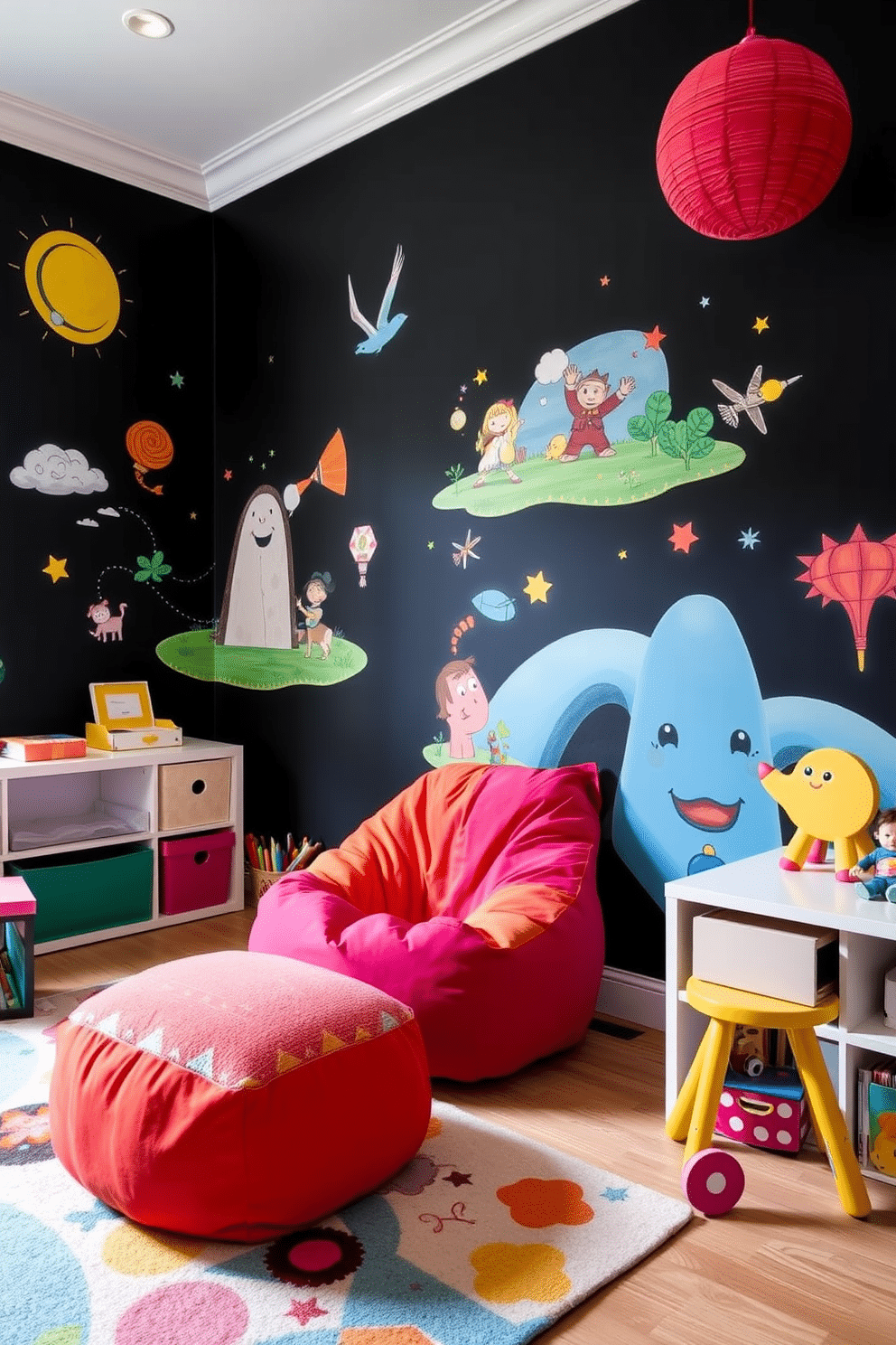 A vibrant playroom features a striking black accent wall adorned with whimsical murals that spark imagination and creativity. The room is filled with colorful furniture, including a plush bean bag chair and a playful rug, creating an inviting space for children to explore and play.