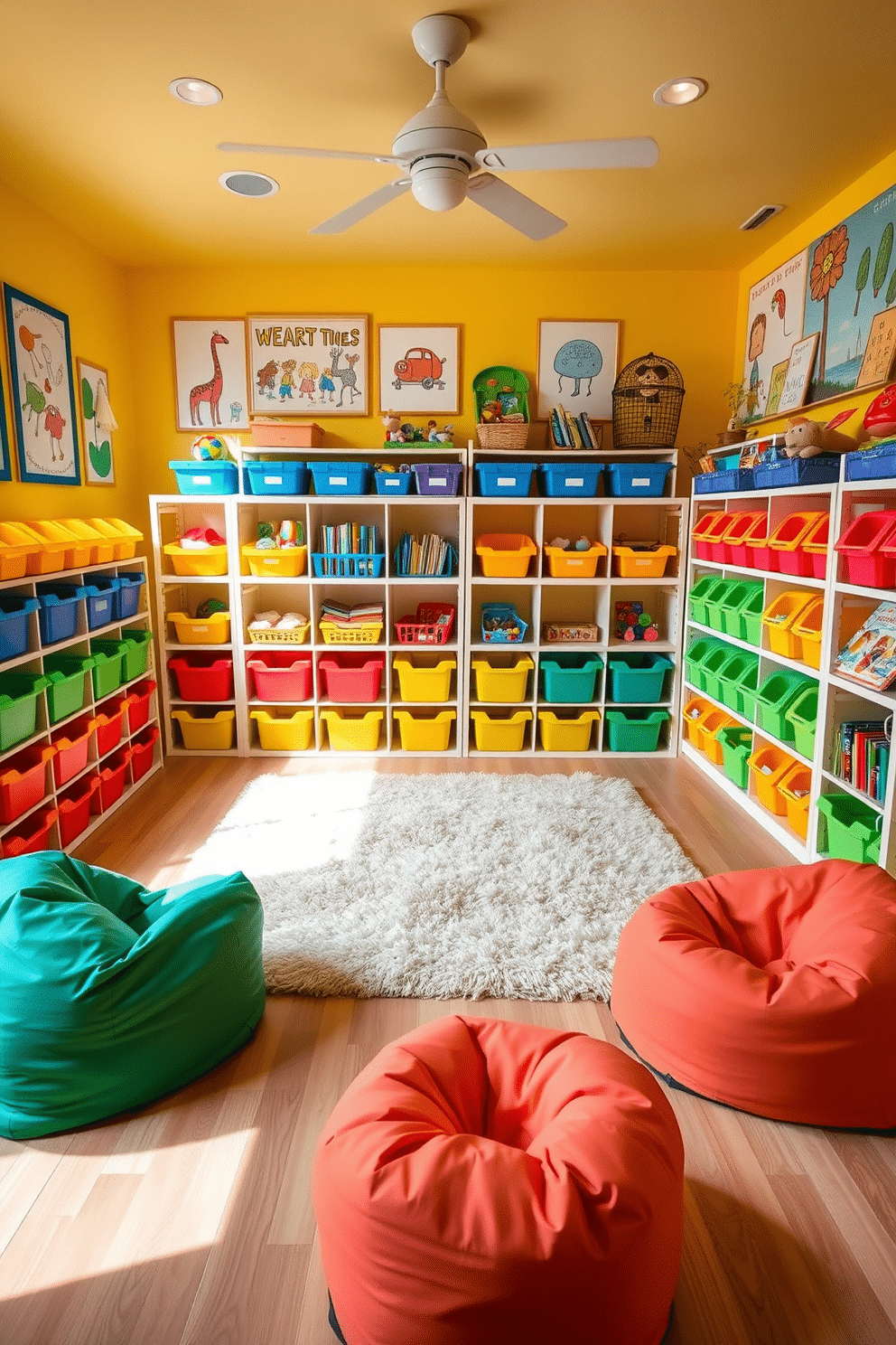 A vibrant playroom filled with bright storage bins in various colors, neatly arranged to encourage organization and creativity. The walls are painted in a cheerful yellow, and playful artwork adorns the space, creating an inviting atmosphere for children to play and learn. The playroom features a soft, plush rug in the center, providing a comfortable area for activities. Stylish shelving units hold an array of toys and books, while colorful bean bags offer cozy seating options for playdates.