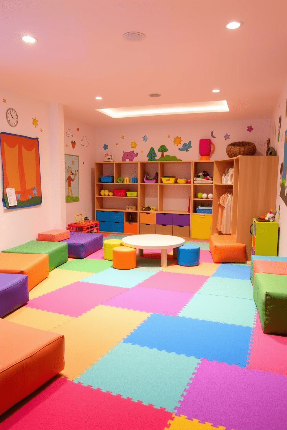 A vibrant playroom featuring colorful foam mats that provide both safety and comfort for children. The space is filled with playful furniture, including a low table surrounded by cushioned seating in various bright colors. The walls are adorned with whimsical decals and artwork that inspire creativity and fun. Soft lighting and ample storage solutions for toys enhance the playful yet organized atmosphere of the room.