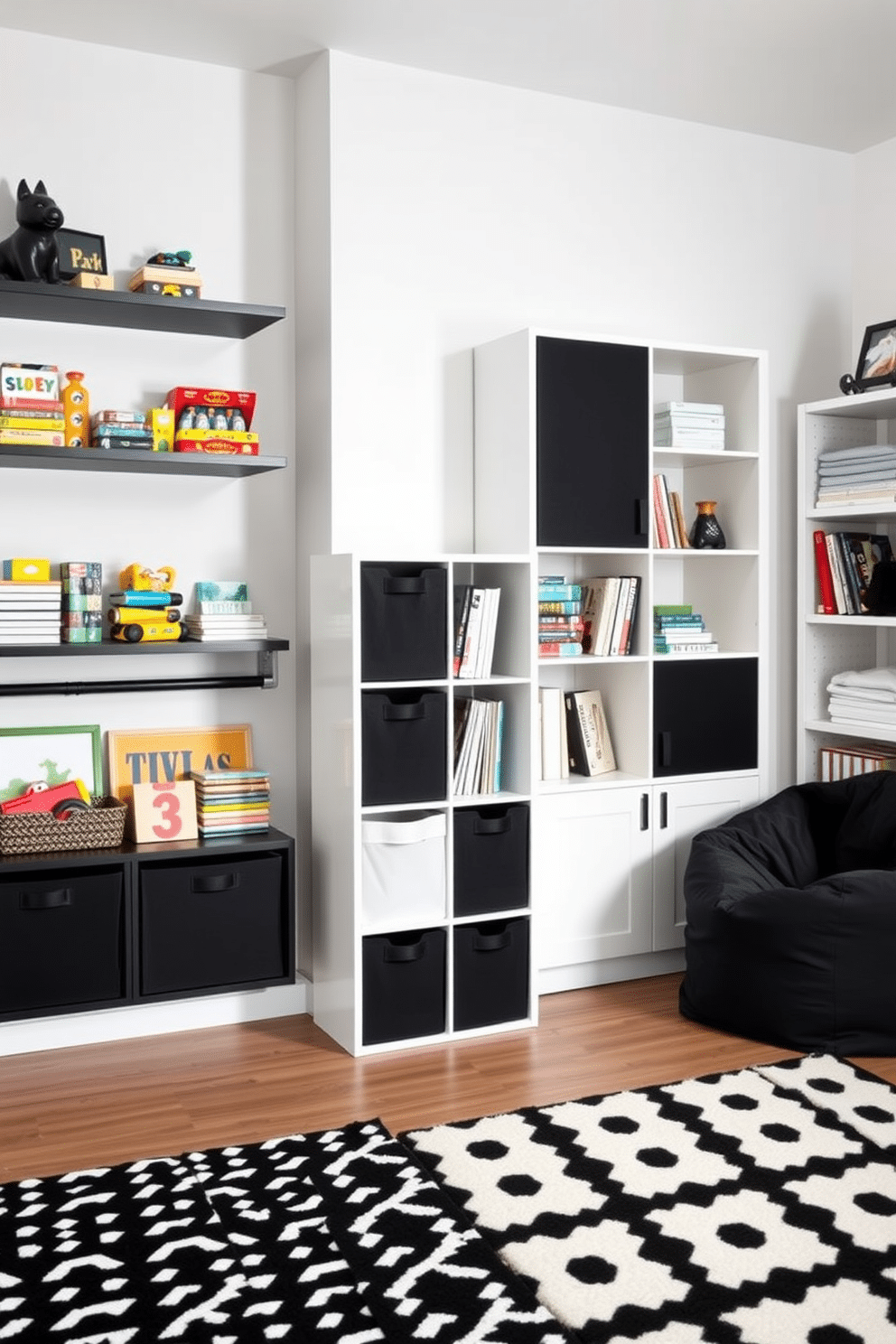 A chic black and white playroom features sleek storage solutions that blend functionality with style. Wall-mounted shelves in matte black hold an array of toys, while a white cube organizer with fabric bins provides easy access to games and books. The room is adorned with playful black and white patterned rugs, complementing the monochrome aesthetic. A cozy reading nook with a black bean bag chair sits next to a white bookshelf, creating a welcoming space for children to explore their creativity.