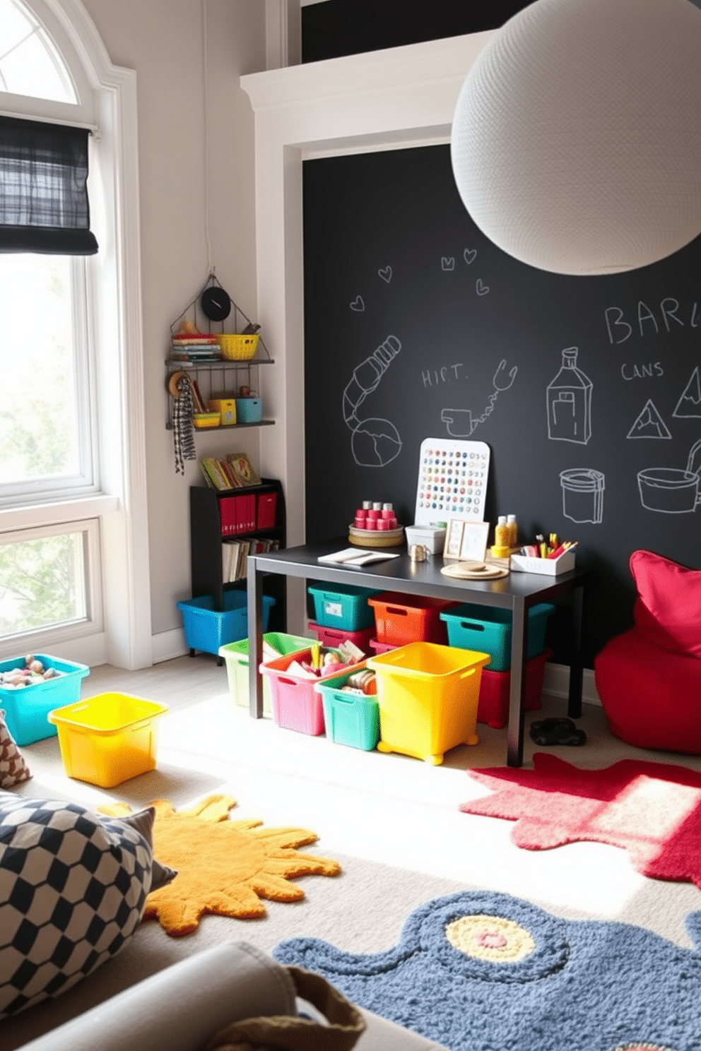 A cozy DIY craft corner features a sleek black table surrounded by colorful storage bins filled with art supplies. Natural light streams in through a large window, illuminating the space and inspiring creativity. The playroom is designed with playful black accents, including a black chalkboard wall for drawing and doodling. Soft, vibrant rugs in various shapes create a fun area for kids to play, while comfortable seating invites relaxation.