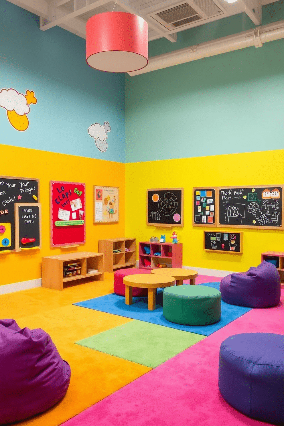 A vibrant playroom featuring wall-mounted activity boards designed for engagement. The walls are painted in cheerful colors, with various interactive elements like chalkboards and magnetic boards to stimulate creativity. Soft, plush flooring in bright hues provides a comfortable area for play. The room is filled with playful furniture, including bean bags and low tables, creating an inviting atmosphere for children to explore and learn.