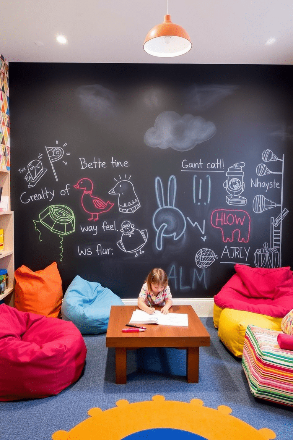 A vibrant playroom featuring a chalkboard wall that encourages creativity and artistic expression. The room is filled with colorful furniture, including bean bags and a low table for drawing and games, all set against a backdrop of playful, geometric wallpaper.