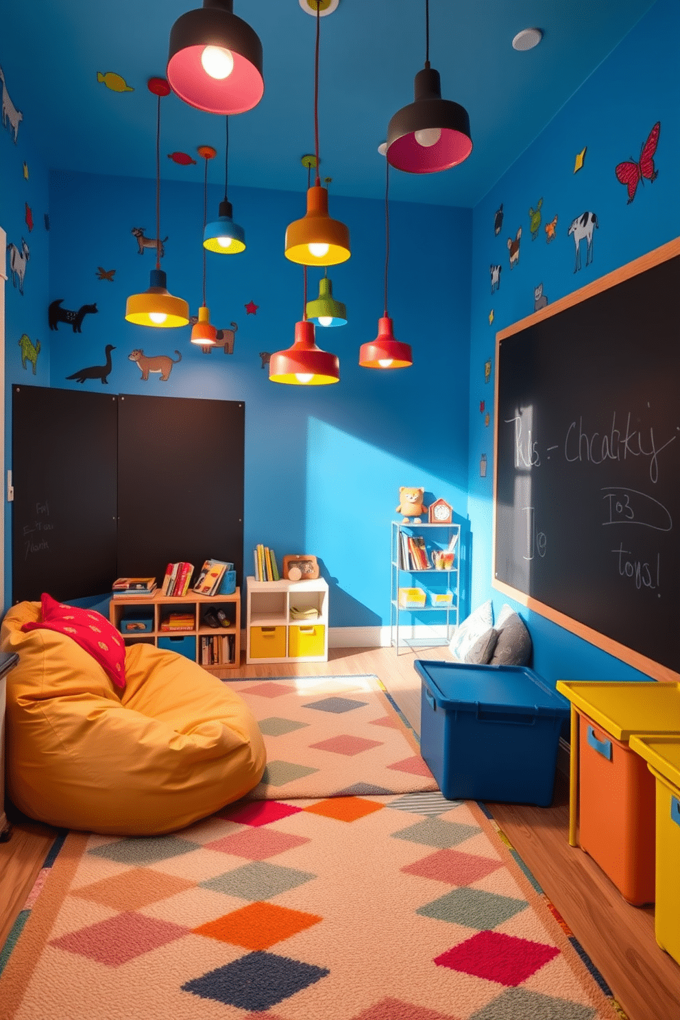 A vibrant playroom filled with energy and creativity. The walls are painted in a bright blue, adorned with playful wall decals of animals and shapes. Fun pendant lights in various colors hang from the ceiling, casting a warm glow over the space. A cozy reading nook with oversized bean bags and a small bookshelf creates an inviting corner for kids to enjoy. The floor is covered with a soft, colorful rug featuring geometric patterns, adding comfort and style. A chalkboard wall allows for endless creativity, while storage bins in cheerful hues keep toys organized and accessible.