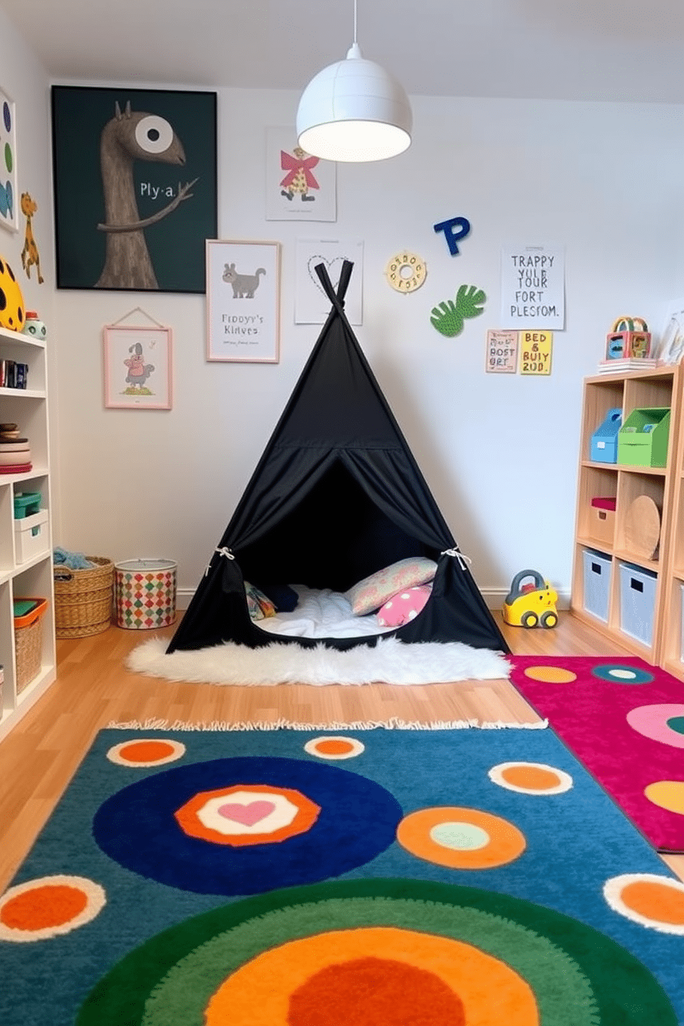 A cozy playroom featuring a black play tent nestled in the corner, surrounded by soft, colorful rugs that invite imaginative adventures. The walls are adorned with playful art, and shelves are filled with toys and books, creating a vibrant and inviting atmosphere for children to explore.