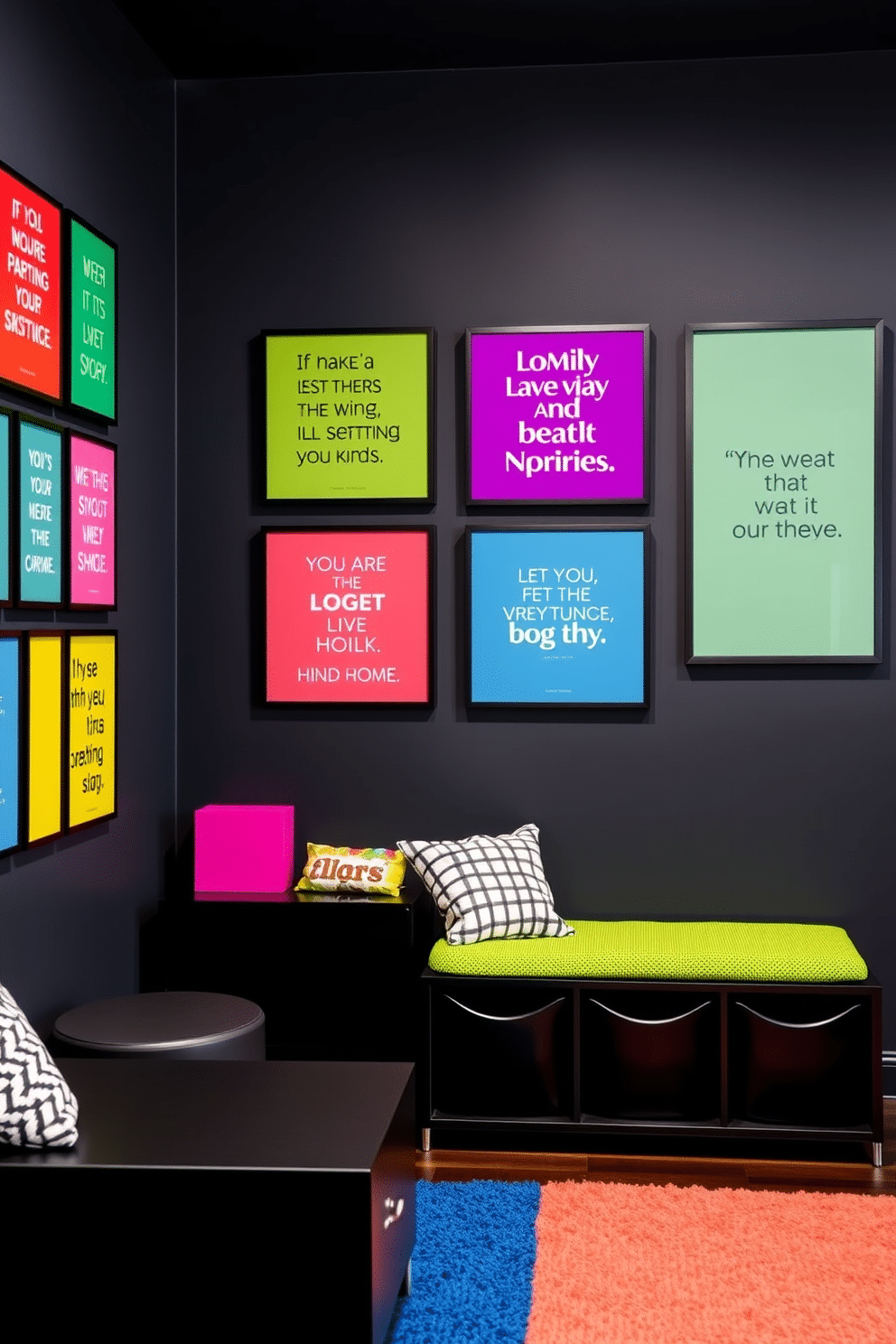 Colorful wall art featuring motivational quotes adorns the walls, creating an inspiring atmosphere. The artwork is framed in sleek black frames, complementing the vibrant hues and energizing the space. The playroom is designed with a modern black aesthetic, featuring playful furniture in bold colors. Soft, textured rugs provide comfort underfoot, while innovative storage solutions keep toys organized and accessible.