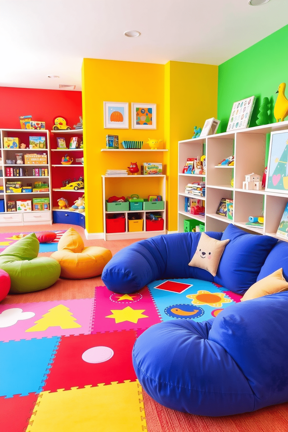 A vibrant playroom filled with interactive floor games featuring colorful designs. The walls are painted in bright primary colors, and plush, oversized cushions are scattered around for comfort. In one corner, a large play mat showcases various shapes and patterns, inviting children to engage in creative play. Shelves filled with toys and games line the walls, while playful artwork adds to the cheerful atmosphere.