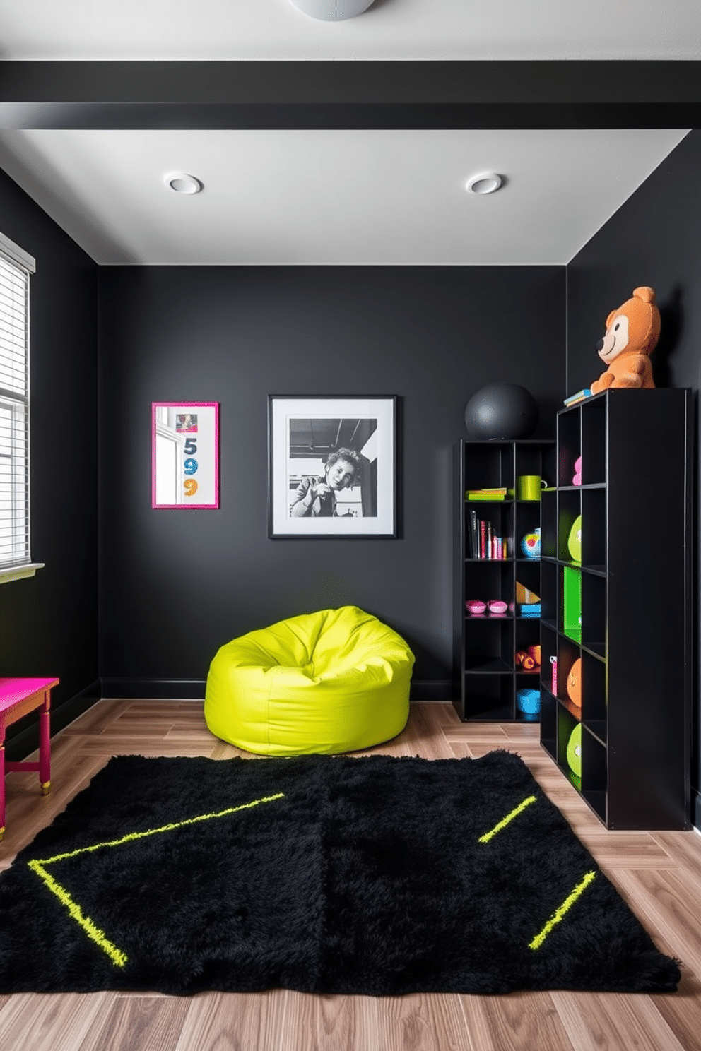 A vibrant playroom designed with a striking black and neon color scheme. The walls are painted matte black, creating a dramatic backdrop for neon accents like bright pink, green, and blue furniture pieces. In one corner, a neon green bean bag chair invites relaxation, while a black modular shelving unit showcases colorful toys and books. The floor features a soft, plush black rug with neon geometric patterns, adding a playful touch to the space.