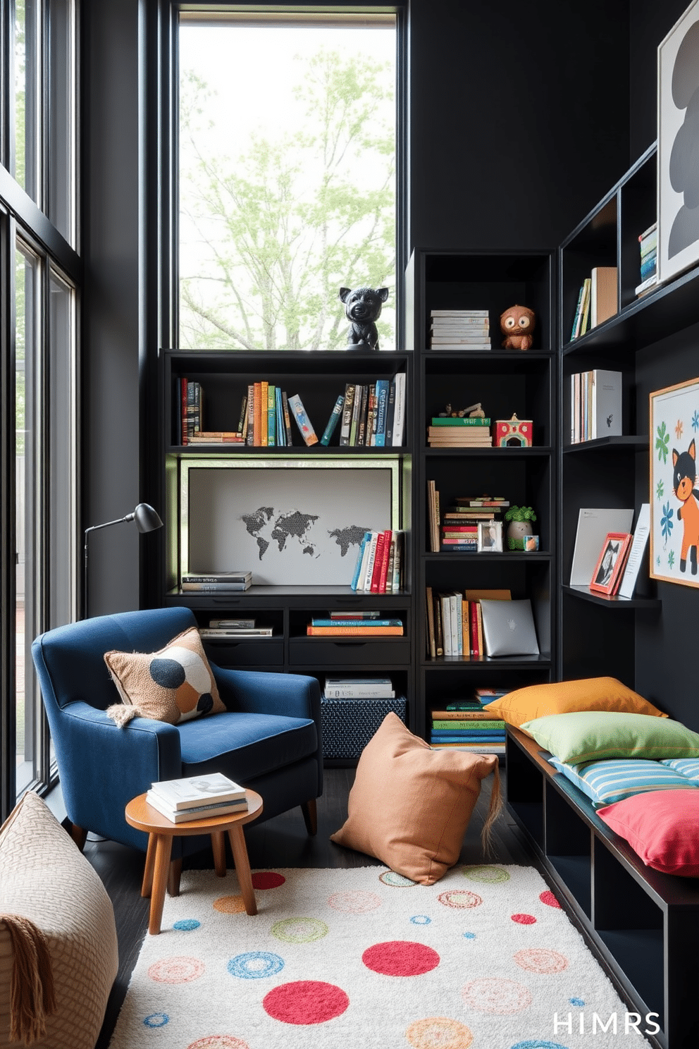 A cozy reading nook features a plush armchair in a rich navy fabric, positioned next to a large window that allows natural light to flood the space. A small wooden side table holds a steaming cup of tea and a stack of well-loved books, while a soft area rug anchors the seating area. The black playroom is designed with bold accents, showcasing sleek black shelves filled with colorful toys and books. Brightly colored cushions and a playful rug create an inviting space for children to explore their creativity while the walls are adorned with fun, whimsical art.