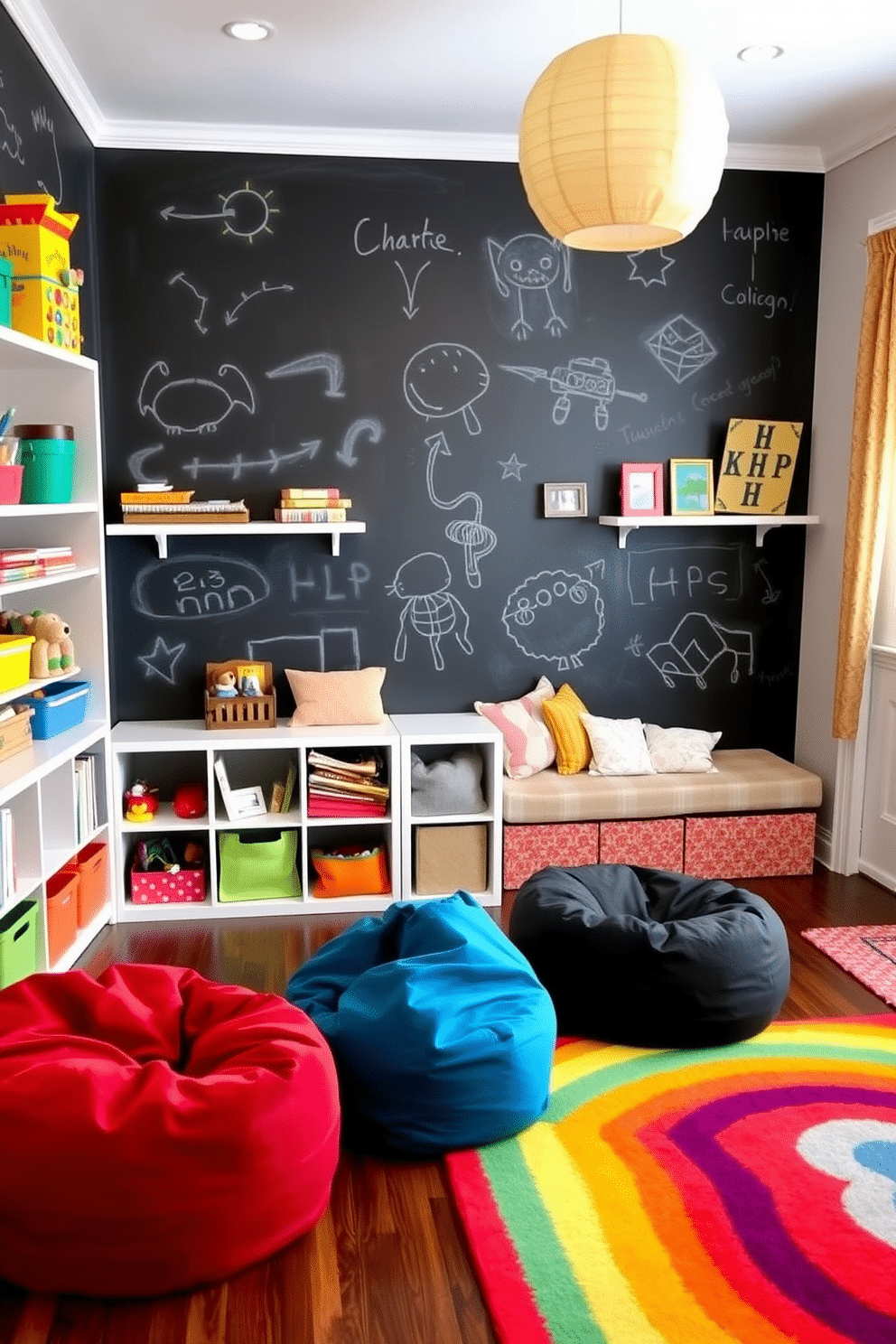 A playful and imaginative playroom features walls coated in black chalkboard paint, creating an interactive canvas for children to express their creativity. The room is adorned with colorful shelving units filled with toys and books, while a cozy reading nook with plush cushions invites quiet time. In one corner, a vibrant area rug adds warmth and comfort, contrasting beautifully with the dark chalkboard surface. Fun, oversized bean bags provide flexible seating options, making the space both functional and inviting for playdates.