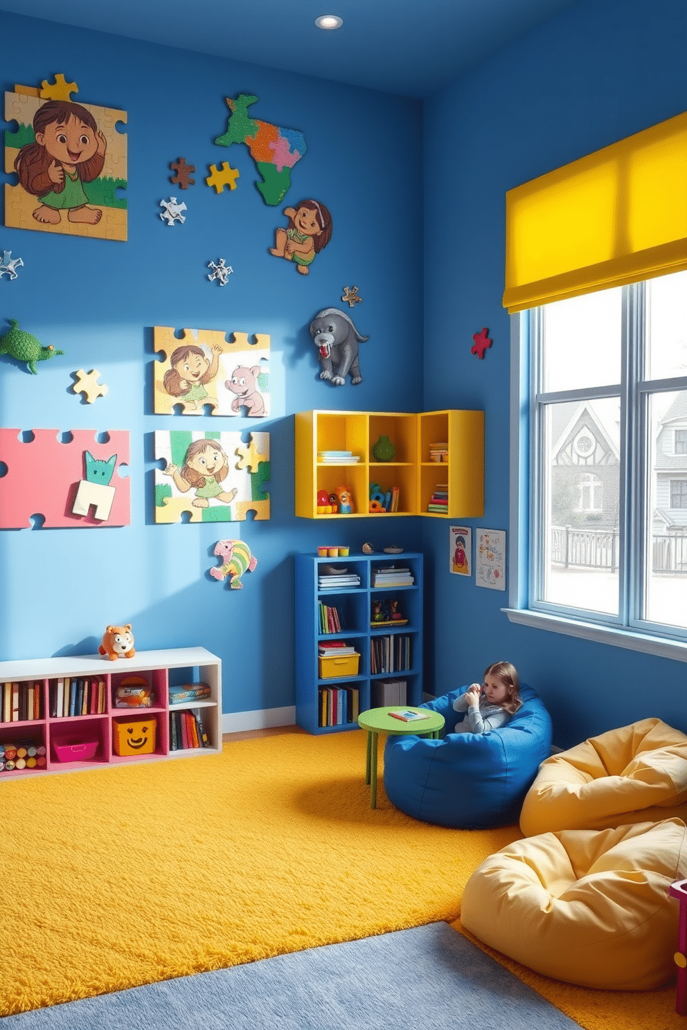 A vibrant playroom designed for creativity and fun, featuring wall-mounted puzzles that engage children in brain games. The walls are painted in a cheerful blue hue, with colorful shelving units displaying various toys and books. Soft, plush carpeting in bright yellow adds warmth to the space, while large windows allow natural light to flood in. A cozy reading nook with bean bags and a small table encourages imaginative play and relaxation.