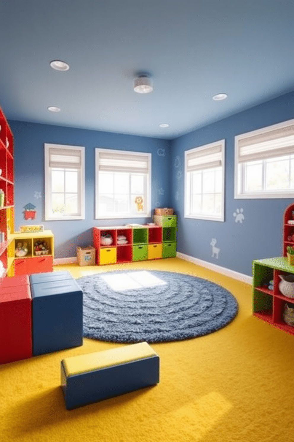 A vibrant playroom filled with brightly colored toy organizers that are easily accessible for children. The walls are painted in a cheerful blue, and the floor is covered with soft, plush carpeting in a contrasting yellow hue. In the center, a large, circular rug provides a cozy play area, surrounded by modular storage units in red, green, and yellow. Fun wall decals of animals and shapes add a playful touch, while large windows let in plenty of natural light to create an inviting atmosphere.