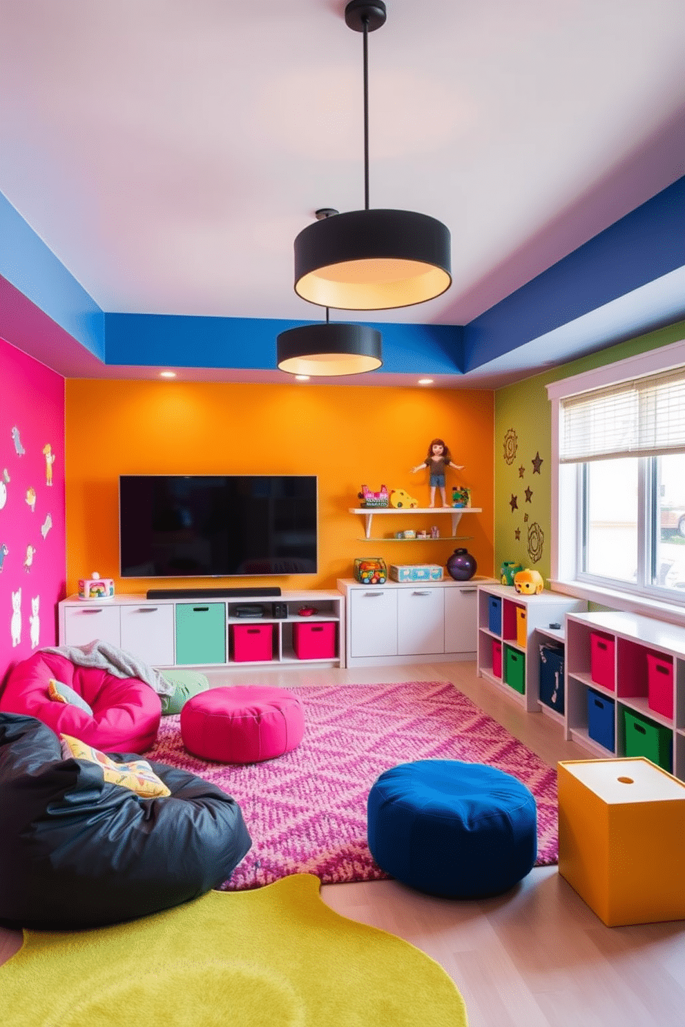 A contemporary playroom featuring unique black light fixtures that add a touch of elegance. The walls are painted in vibrant colors, with playful wall decals and soft, textured rugs scattered across the floor. Incorporate a variety of seating options, including bean bags and low-profile chairs, to create a cozy and inviting atmosphere. Brightly colored storage bins are strategically placed to keep toys organized and accessible while complementing the overall design.