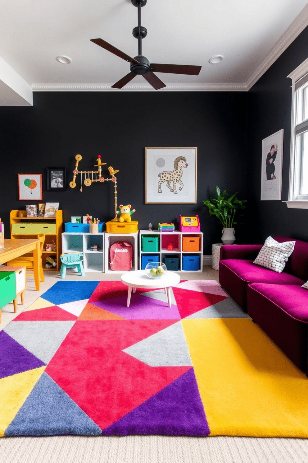 Colorful rugs to brighten the space. A vibrant, oversized area rug with geometric patterns lays in the center of the room, surrounded by playful furniture in bright hues. Black playroom design ideas. The walls are painted a deep matte black, creating a dramatic backdrop for colorful wall art and bright toy storage solutions, while soft, plush furnishings in contrasting colors invite comfort and creativity.