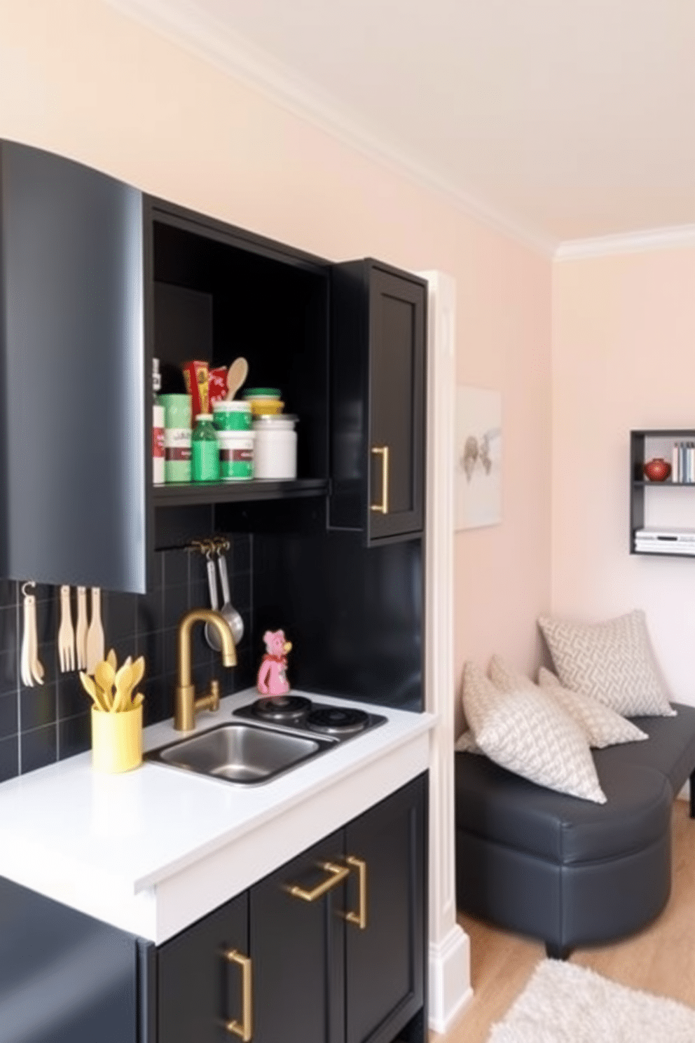 A fun and functional black play kitchen setup features sleek black cabinetry with gold hardware, creating a modern aesthetic. The countertops are made of white quartz, providing a clean contrast, while colorful play utensils and food items are neatly arranged on the shelves. In the adjacent playroom, the walls are painted in a soft pastel color to enhance the playful atmosphere. A cozy reading nook with plush cushions and a small black bookshelf complements the kitchen, making it an inviting space for children to explore their creativity.