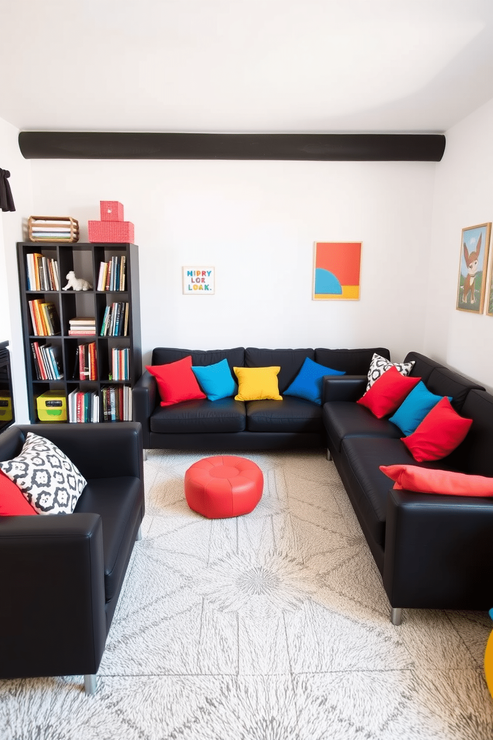 A playful playroom filled with black furniture, including a sleek black sofa and a sturdy black bookshelf, creates a stylish yet functional space. Vibrant cushions in bold colors like red, blue, and yellow are scattered across the sofa, adding a cheerful contrast and inviting comfort for children to relax and play. The walls are painted in a soft white to brighten the room, while colorful wall art enhances the playful atmosphere. A plush area rug in a geometric pattern anchors the space, providing a soft surface for playtime activities.