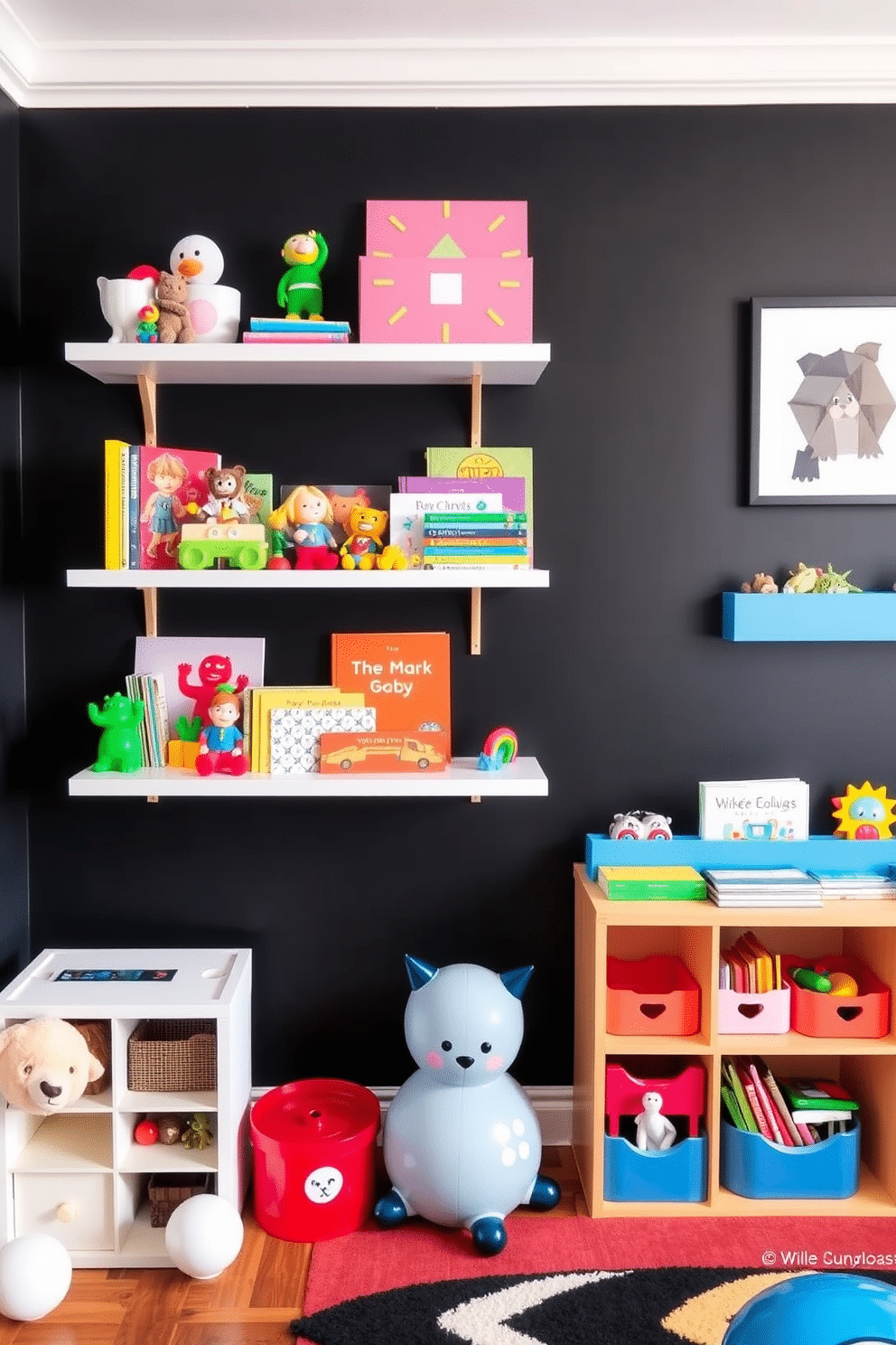 A playful black playroom featuring wall-mounted shelves filled with colorful toys and books. The walls are painted a deep matte black, creating a bold backdrop for vibrant accents and playful decor.