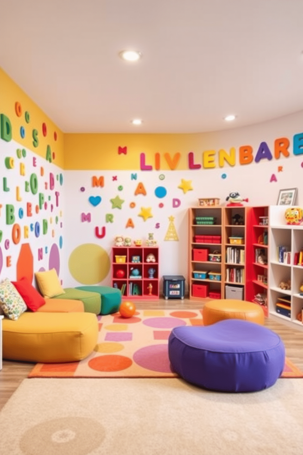 A vibrant playroom filled with interactive wall decals that promote fun learning. The walls are adorned with colorful shapes and letters, creating an engaging environment for children to explore and discover. The room features soft, plush seating in playful colors, providing comfort for both kids and parents. A large, patterned rug anchors the space, while a variety of educational toys are neatly organized on open shelves for easy access.