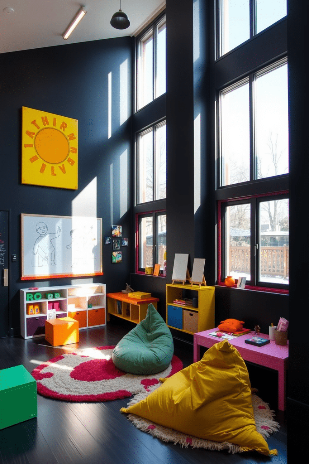 Brightly colored artwork adorns the sleek black walls of a modern playroom, creating a vibrant and inspiring atmosphere for creativity. The space features playful furniture in bright hues, including a soft rug and bean bags, inviting children to explore and enjoy their surroundings. Incorporating interactive elements, the playroom includes a chalkboard wall for drawing and a dedicated area for arts and crafts. Ample natural light streams in through large windows, enhancing the cheerful ambiance while contrasting beautifully with the dark walls.