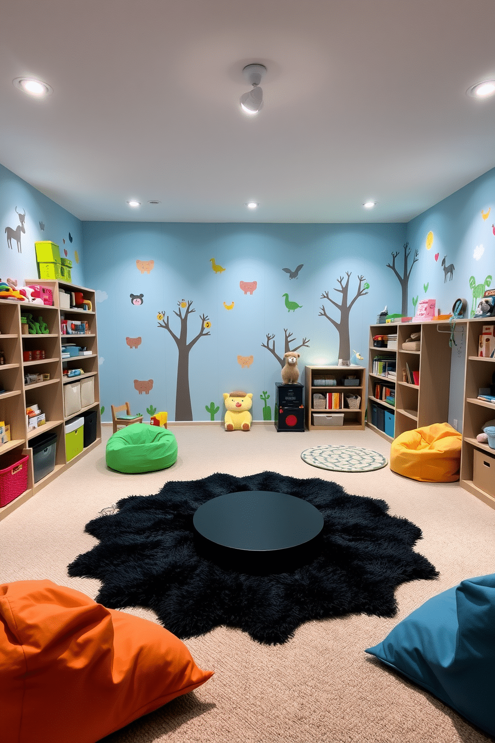 A whimsical playroom filled with soft, ambient lighting that creates a cozy atmosphere. The walls are painted in a playful shade of pastel blue, adorned with colorful wall decals of animals and trees. In the center, a plush black rug anchors the space, surrounded by playful furniture including a low black table and colorful bean bags. Shelves filled with toys and books line the walls, and a cozy nook with cushions invites children to read and relax.