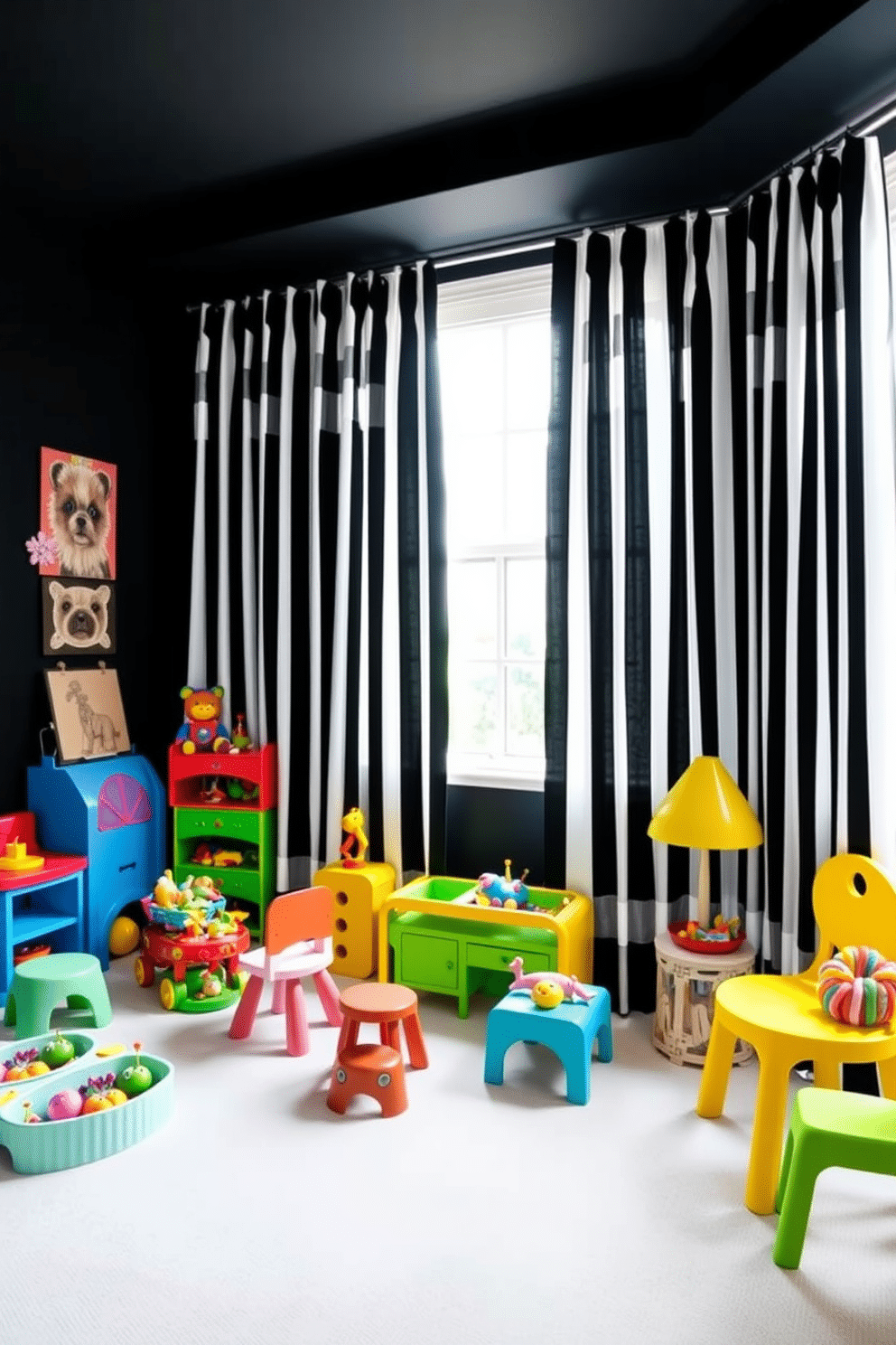 A playful black playroom features bold black and white striped curtains that add a striking contrast to the vibrant decor. The room is filled with colorful toys and furniture, creating a lively and inviting atmosphere for children to explore and play.