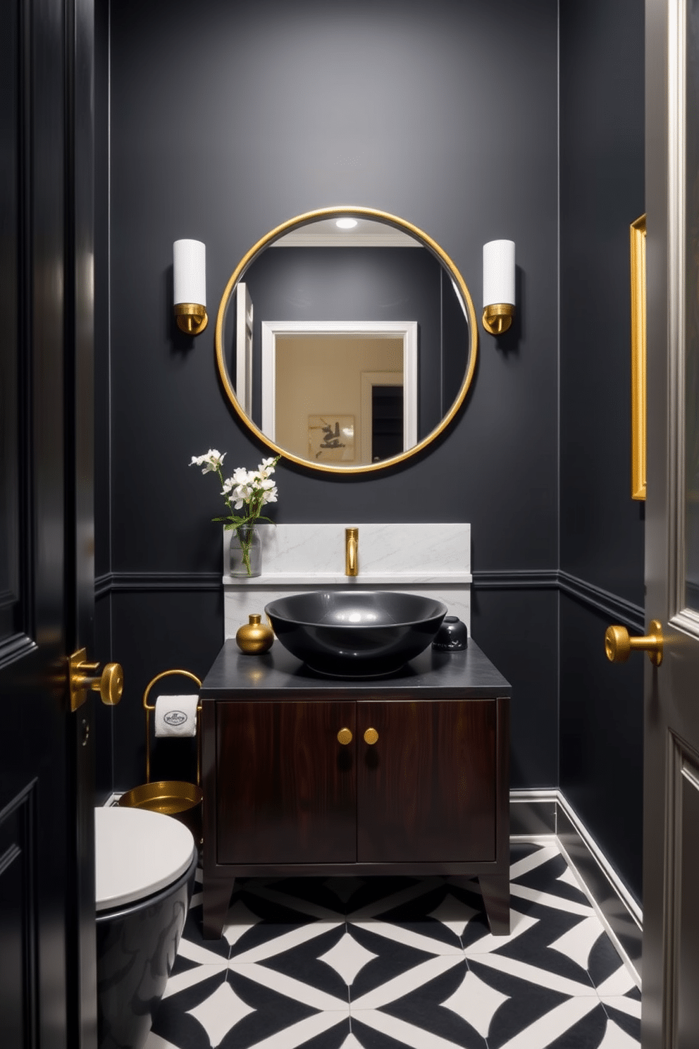 Moody black walls create a dramatic backdrop in the powder room, accentuated by elegant gold fixtures and accessories. A sleek, modern sink with a gold faucet sits atop a dark wood vanity, while a large round mirror with a gold frame reflects the sophisticated ambiance. To the side, a gold-framed artwork adorns the wall, adding a touch of personality to the space. The floor features black and white geometric tiles, enhancing the contrast and providing a stylish foundation for this luxurious design.