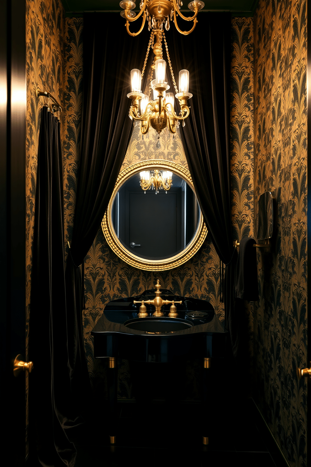 A luxurious black powder room featuring rich black velvet drapes that cascade elegantly from a high ceiling, adding a touch of softness and sophistication to the space. The walls are adorned with intricate gold wallpaper, creating a stunning contrast against the deep hues of the drapes. In the center of the room, a sleek black vanity with a polished gold faucet complements the opulent design. A round mirror with a decorative gold frame hangs above the vanity, reflecting the ambient lighting from a stylish chandelier that illuminates the space beautifully.