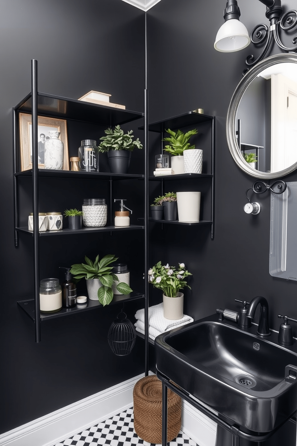 A chic black powder room featuring industrial-style black metal shelving units that hold an array of decorative items and plants. The walls are painted in a deep charcoal, complemented by a sleek black sink and a vintage-style mirror with an iron frame.