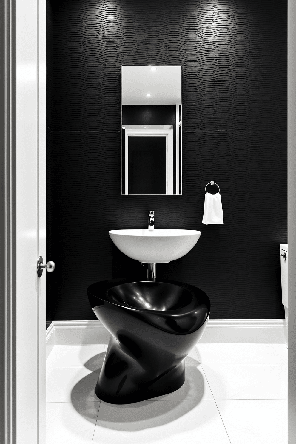 A striking black powder room features a sculptural sink with a unique, artistic design that serves as the focal point. The walls are adorned with textured black wallpaper, creating a dramatic backdrop that enhances the elegance of the space. The floor is laid with glossy white tiles, providing a stunning contrast to the dark elements. A sleek, modern mirror with a minimalist frame hangs above the sink, reflecting the room's sophisticated ambiance.