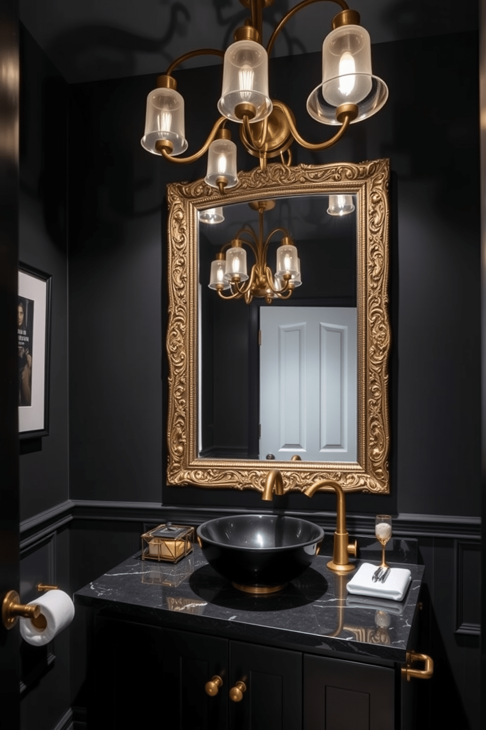 A striking black powder room featuring dramatic overhead lighting fixtures that cast intriguing shadows across the space. The walls are adorned with deep, rich colors, creating a bold backdrop for the elegant design elements. The vanity boasts a sleek black finish with a chic vessel sink, complemented by stylish gold accents. A large, ornate mirror reflects the sophisticated lighting, enhancing the room's luxurious atmosphere.