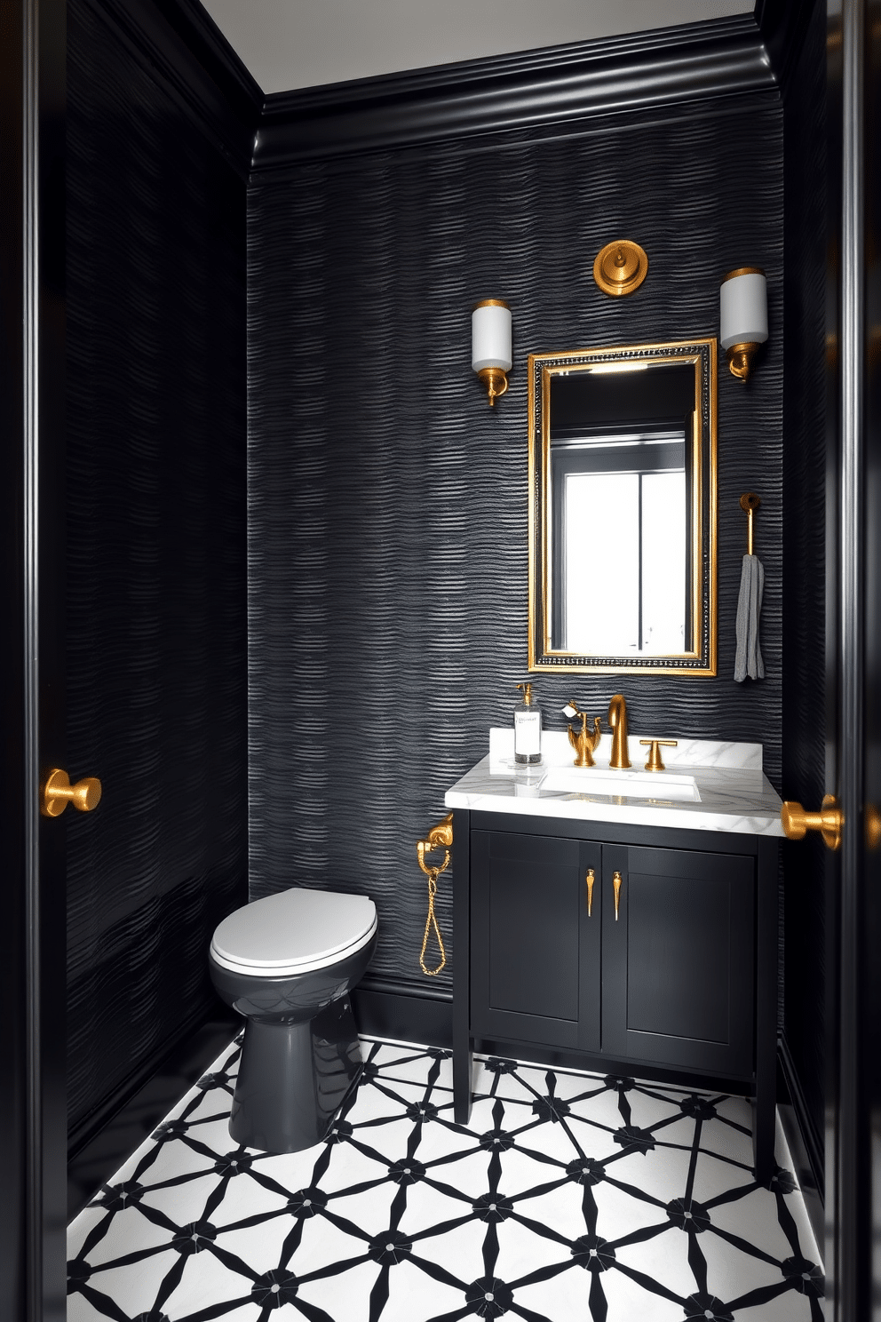 A striking powder room featuring textured black paint that enhances the room's depth and sophistication. Elegant gold accents, such as a framed mirror and light fixtures, contrast beautifully against the dark walls, creating a luxurious atmosphere. A sleek black vanity with a white marble sink sits against the wall, complemented by a stylish gold faucet. The floor is adorned with intricate geometric tiles in black and white, adding visual interest to the space.