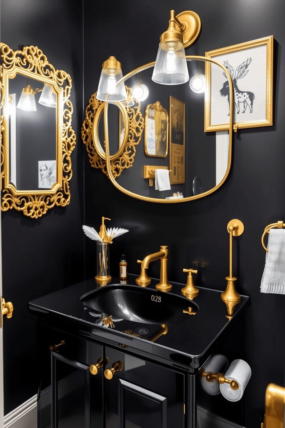 A whimsical black powder room featuring bold gold decor accents. The walls are painted a deep matte black, adorned with intricate gold-framed mirrors and playful wall art that adds a touch of fun. The vanity is sleek and modern, finished in glossy black with gold hardware. Accents like a gold faucet and decorative accessories, such as a quirky soap dispenser and a gold-trimmed towel holder, complete the look.