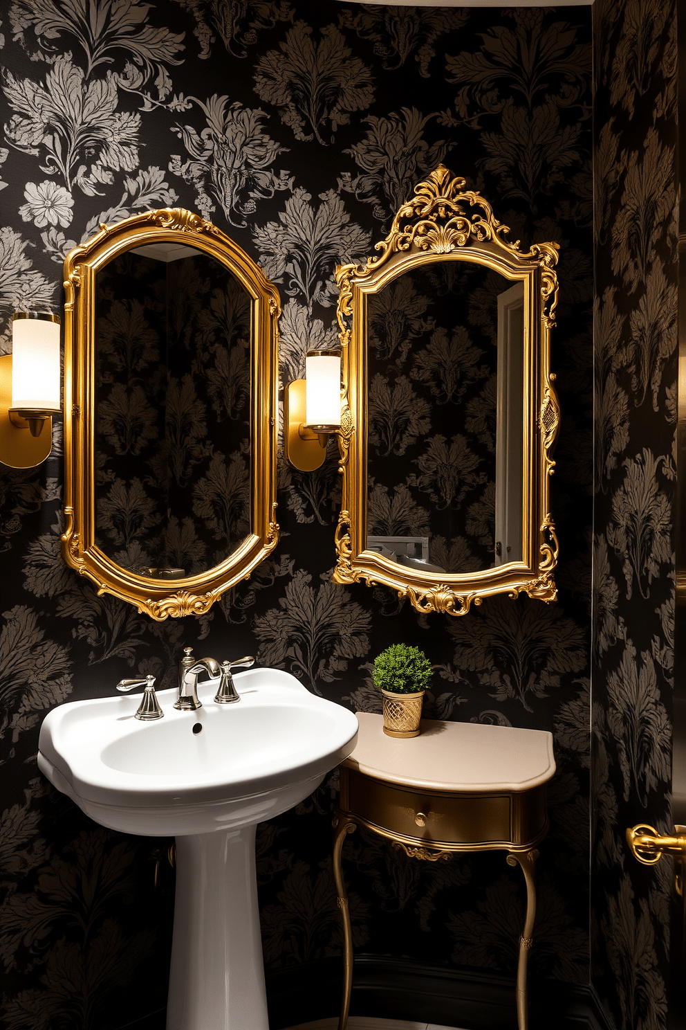 A luxurious powder room features elegant black wallpaper adorned with intricate floral patterns, creating a dramatic yet inviting atmosphere. The space is accented with a sleek white pedestal sink and a vintage-style mirror framed in gold, enhancing the opulence of the design. Soft ambient lighting illuminates the room, highlighting the rich textures of the wallpaper while casting a warm glow. A small potted plant sits on the countertop, adding a touch of greenery that complements the sophisticated aesthetic.