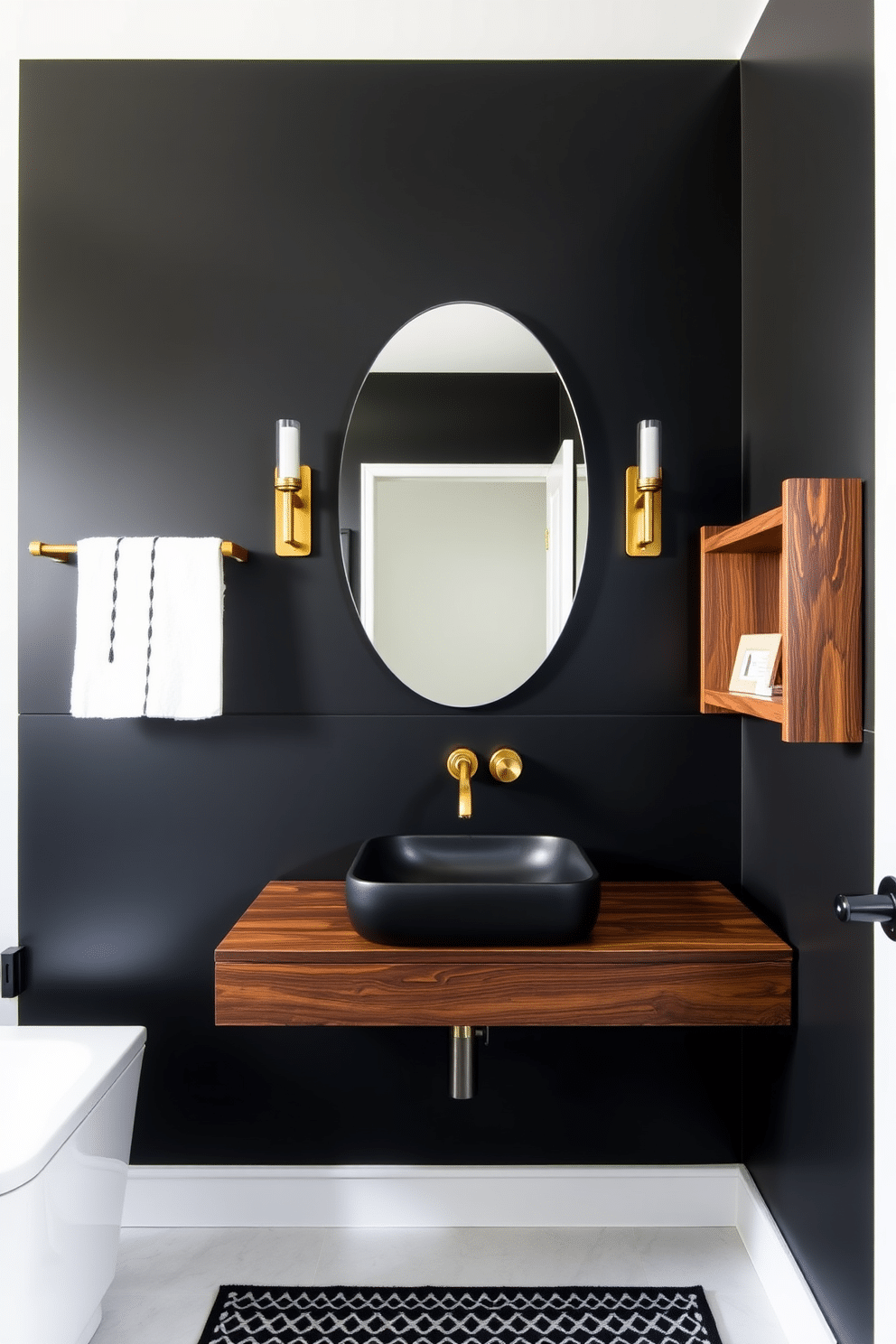 A striking black powder room features bold black walls that create a dramatic backdrop. The space is accented with rich wooden elements, including a sleek vanity and decorative shelving that add warmth and texture. A modern black sink is set against the wooden vanity, complemented by stylish gold fixtures. Elegant wall sconces with a minimalist design provide soft lighting, enhancing the room's sophisticated ambiance.