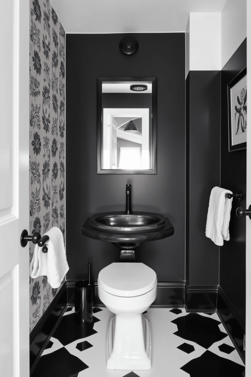 A chic black powder room features a sleek black pedestal sink paired with a minimalist black-framed mirror above it. The walls are adorned with elegant black and white wallpaper, while the floor showcases a striking geometric tile pattern in contrasting colors. A bold black accent wall serves as a backdrop for a vintage-inspired white porcelain toilet and sink combination. To enhance the sophistication, a stylish black and white art piece is hung, and a plush white towel is neatly displayed on a modern black towel rack.