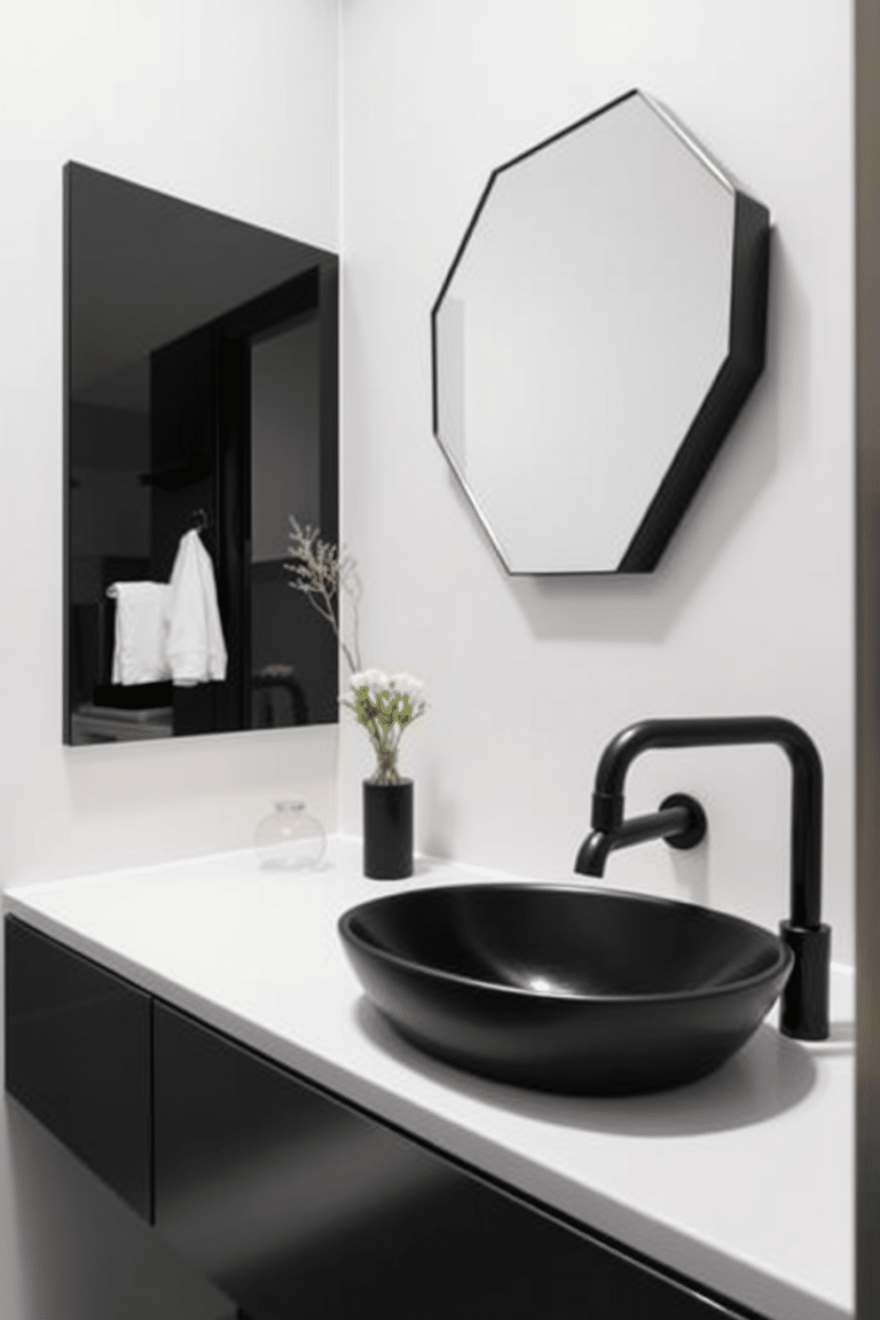 A striking black powder room features modern black faucets with sleek lines that create a bold contrast against the light-colored walls. The space is elegantly designed with minimalist decor, showcasing a floating vanity and a chic, geometric mirror that enhances the contemporary aesthetic.