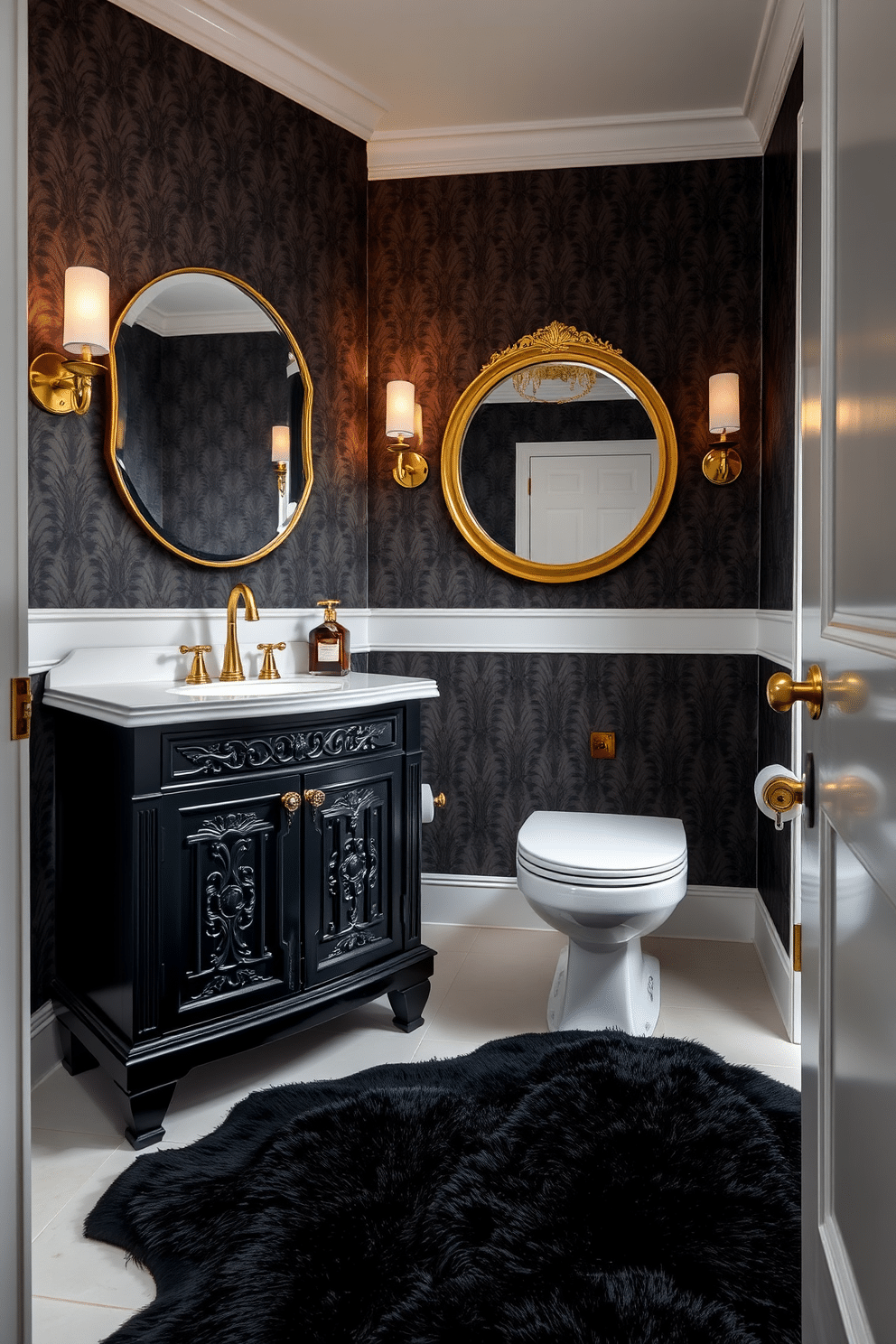 A luxurious powder room featuring soft black rugs that provide a cozy and inviting atmosphere underfoot. The walls are adorned with elegant black wallpaper, and a sleek white sink is complemented by a vintage-style gold faucet. A striking black vanity with intricate detailing offers ample storage, while a large round mirror with a gold frame reflects the room's sophisticated design. Ambient lighting from stylish sconces enhances the overall elegance, creating a perfect blend of comfort and style.