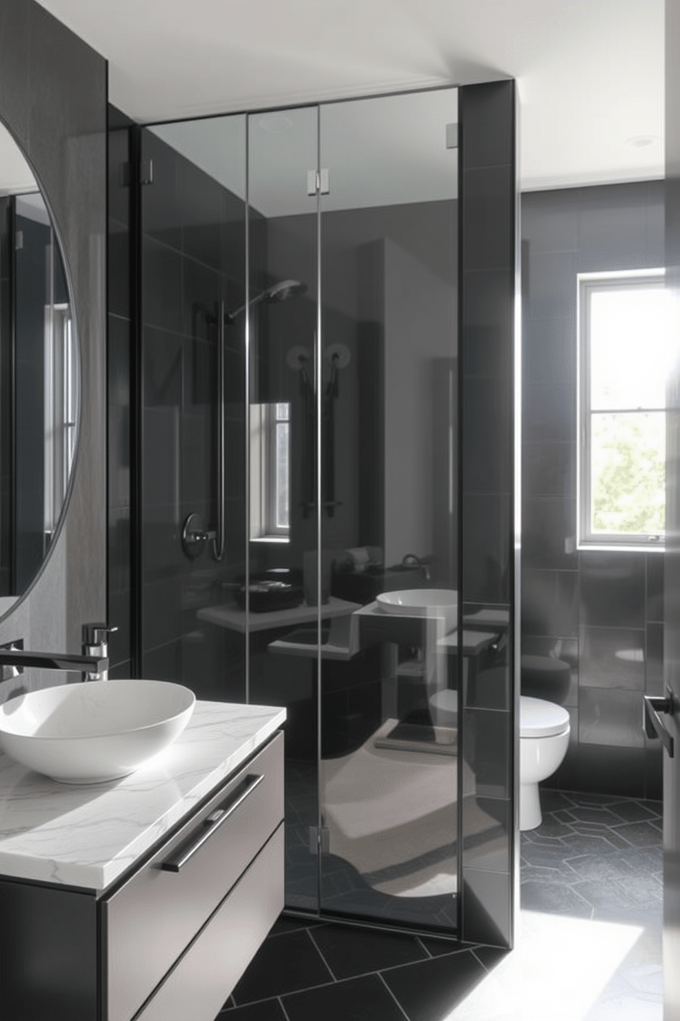 A sleek black and glass shower enclosure creates a sense of openness in the powder room, allowing natural light to flow through while maintaining privacy. The walls are adorned with elegant black tiles, complemented by a stylish floating vanity featuring a white marble countertop and a modern vessel sink.