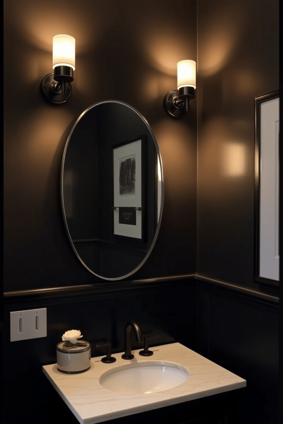 A chic black powder room featuring elegant black sconces that provide ambient lighting, casting a warm glow across the space. The walls are adorned with a deep, rich color, complemented by a sleek black vanity topped with a white marble surface.