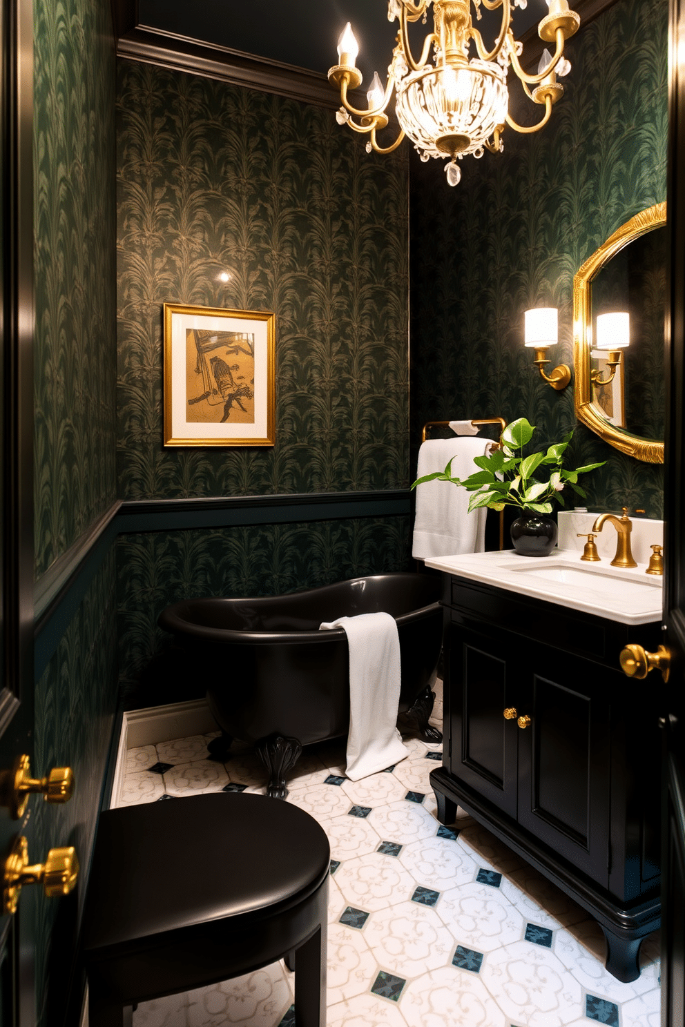 A vintage clawfoot tub in a striking black finish sits elegantly in the center of a chic powder room. The walls are adorned with deep emerald green wallpaper, creating a dramatic backdrop that enhances the tub's classic silhouette. A sleek black vanity with gold fixtures complements the tub, featuring a white marble countertop that adds a touch of luxury. Soft ambient lighting from a stylish chandelier casts a warm glow, illuminating the space and highlighting decorative accents like a vintage mirror and lush greenery.