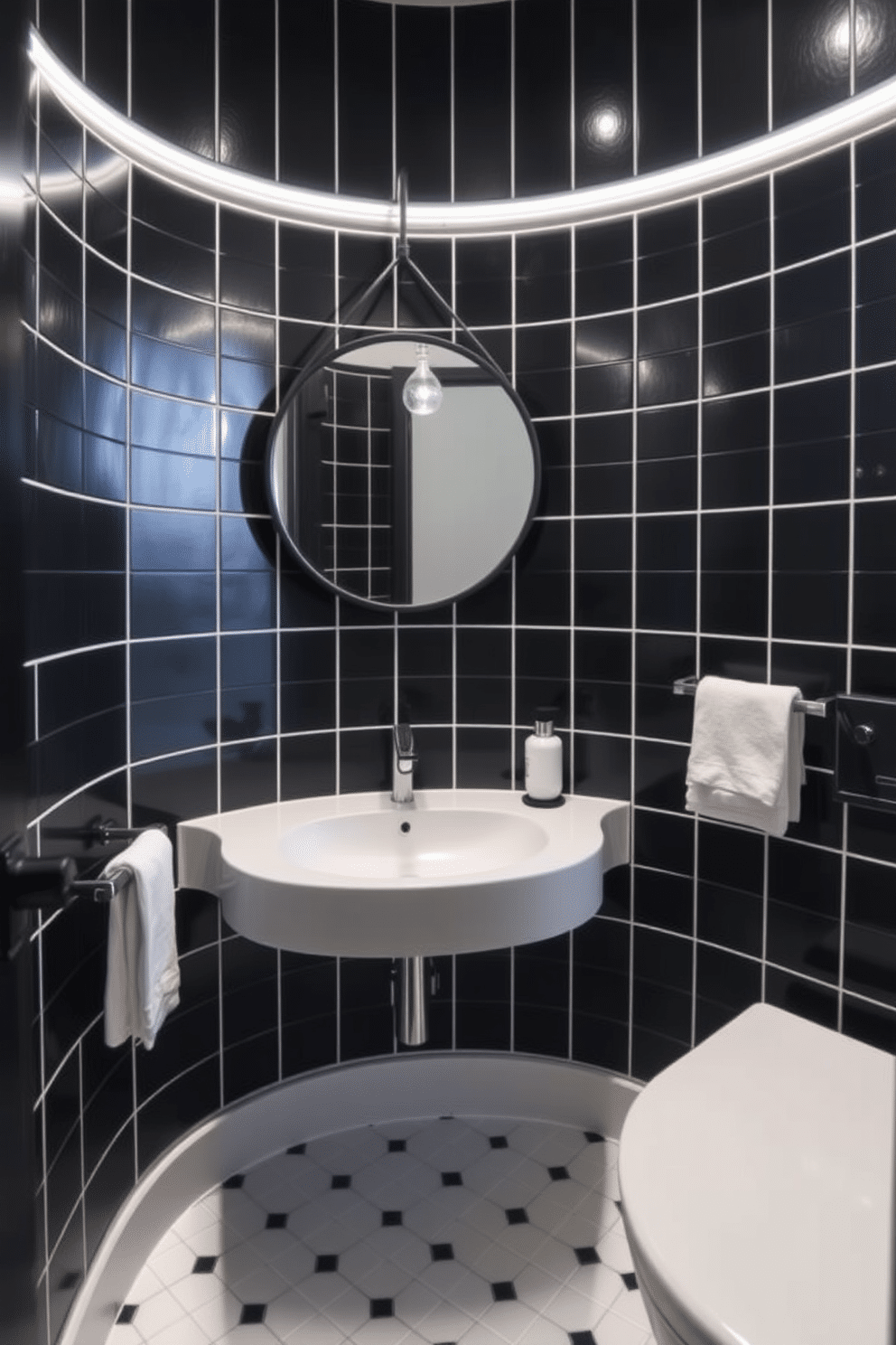 A chic powder room featuring bold black tiles with white grout that create a striking contrast. The space is accented with sleek, modern fixtures and a minimalist floating vanity that enhances the contemporary feel. Soft ambient lighting illuminates the room, highlighting the geometric patterns of the tiles. A stylish round mirror with a thin black frame hangs above the vanity, adding a touch of elegance to the design.