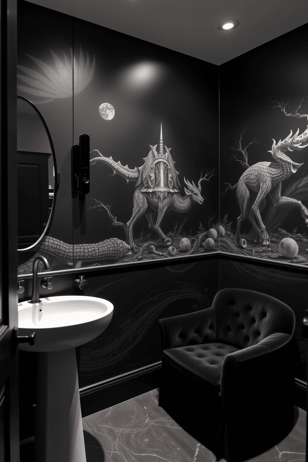 A striking black powder room features artistic murals that create a dramatic focal point on the walls. The space is enhanced with sleek black fixtures and a minimalist white sink, providing a stark yet elegant contrast. Rich textures are incorporated through a plush black velvet chair in one corner, inviting guests to linger. Accent lighting highlights the intricate details of the murals, casting captivating shadows that enhance the room's ambiance.