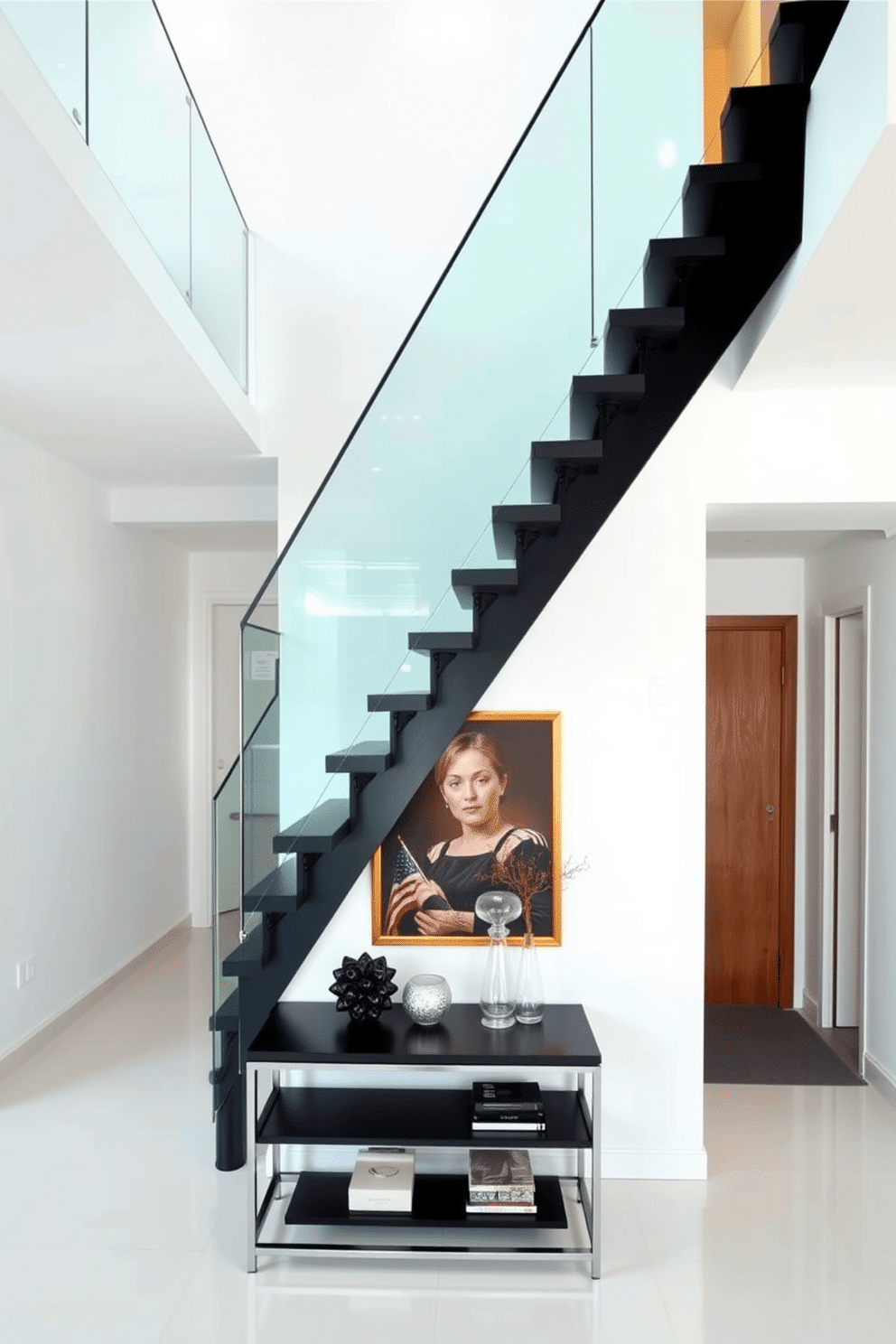 A sleek black floating staircase ascends gracefully, supported by minimalist glass railings that enhance the sense of openness. The treads are crafted from rich black wood, creating a striking contrast against the bright white walls that surround the staircase. The staircase is illuminated by recessed lighting, which highlights its modern design and adds a touch of elegance. Below, a chic console table with decorative accents complements the contemporary aesthetic, making the space feel cohesive and inviting.