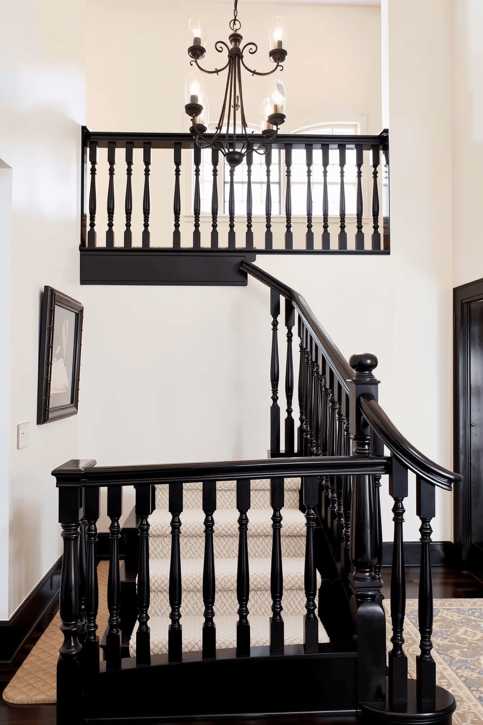 A classic black staircase features intricate balusters that add elegance and sophistication to the space. The rich black finish contrasts beautifully with the light-colored walls, creating a striking focal point in the entryway. The staircase is complemented by a plush runner that adds warmth and texture, inviting guests to ascend with comfort. Stylish lighting fixtures hang above, casting a soft glow that highlights the craftsmanship of the balusters.