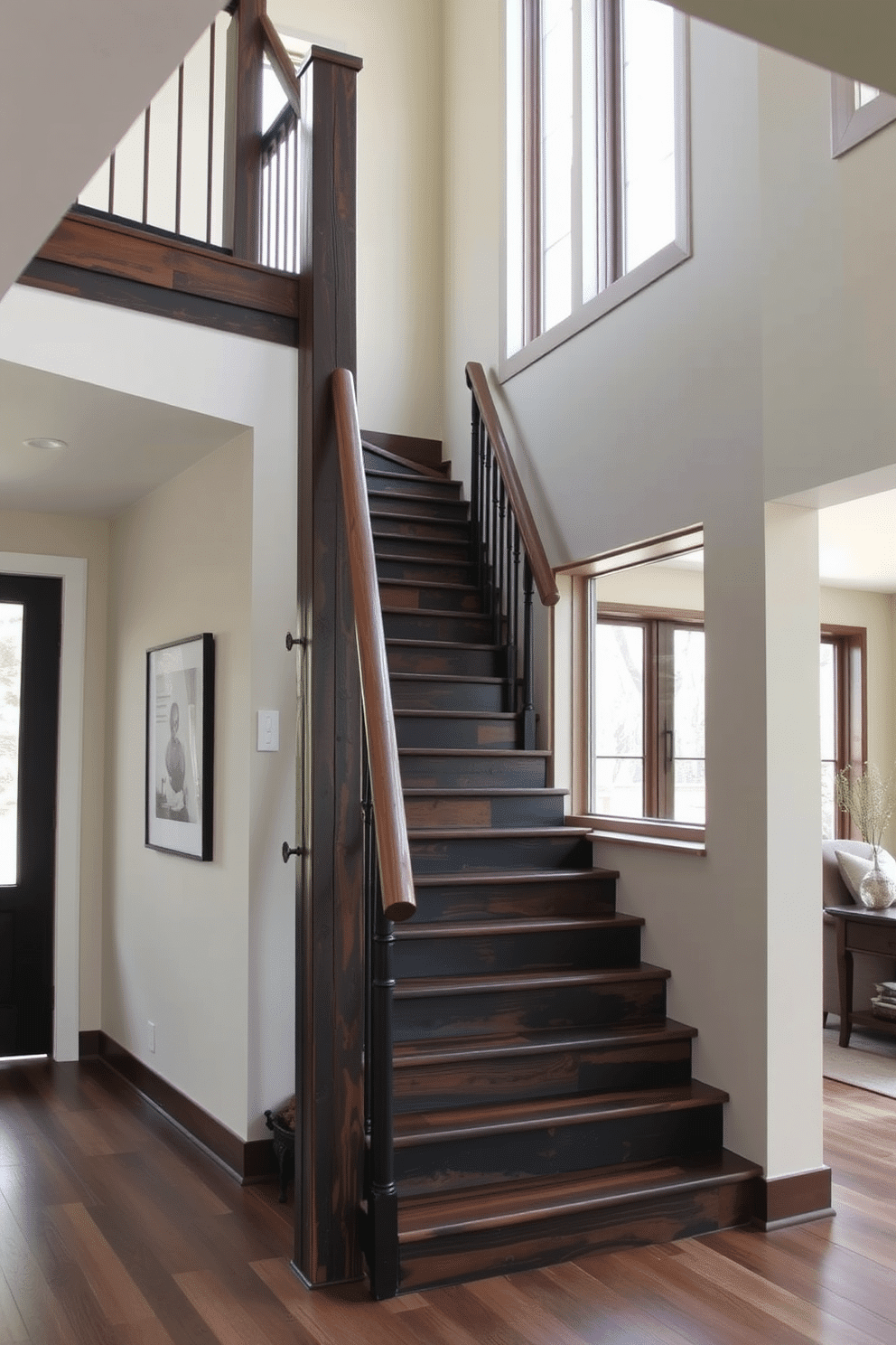 A rustic black staircase made from reclaimed wood ascends gracefully, showcasing its unique textures and rich history. The surrounding walls are adorned with soft, neutral colors that enhance the staircase's bold presence while allowing natural light to filter through large windows nearby.