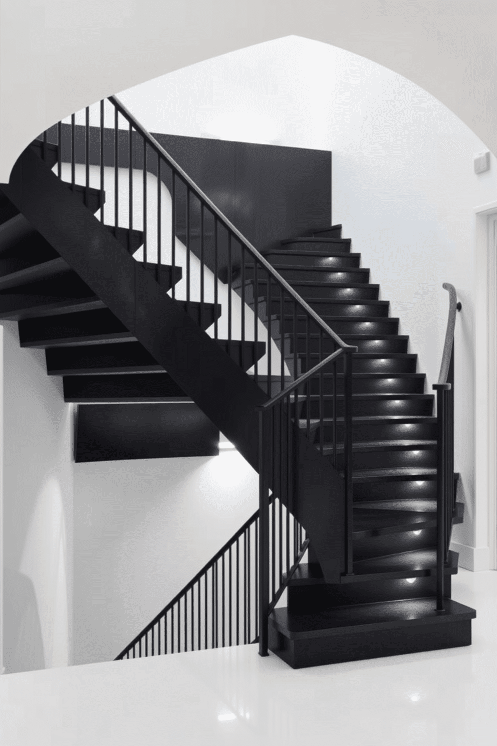 A striking modern black staircase features an asymmetrical design that creates a bold focal point in the space. The sleek black steps are complemented by a minimalist railing, enhancing the contemporary aesthetic. The staircase is illuminated by soft, recessed lighting that highlights its unique angles and shapes. Surrounding the staircase, the walls are painted in a crisp white, providing a stunning contrast to the deep black finish.