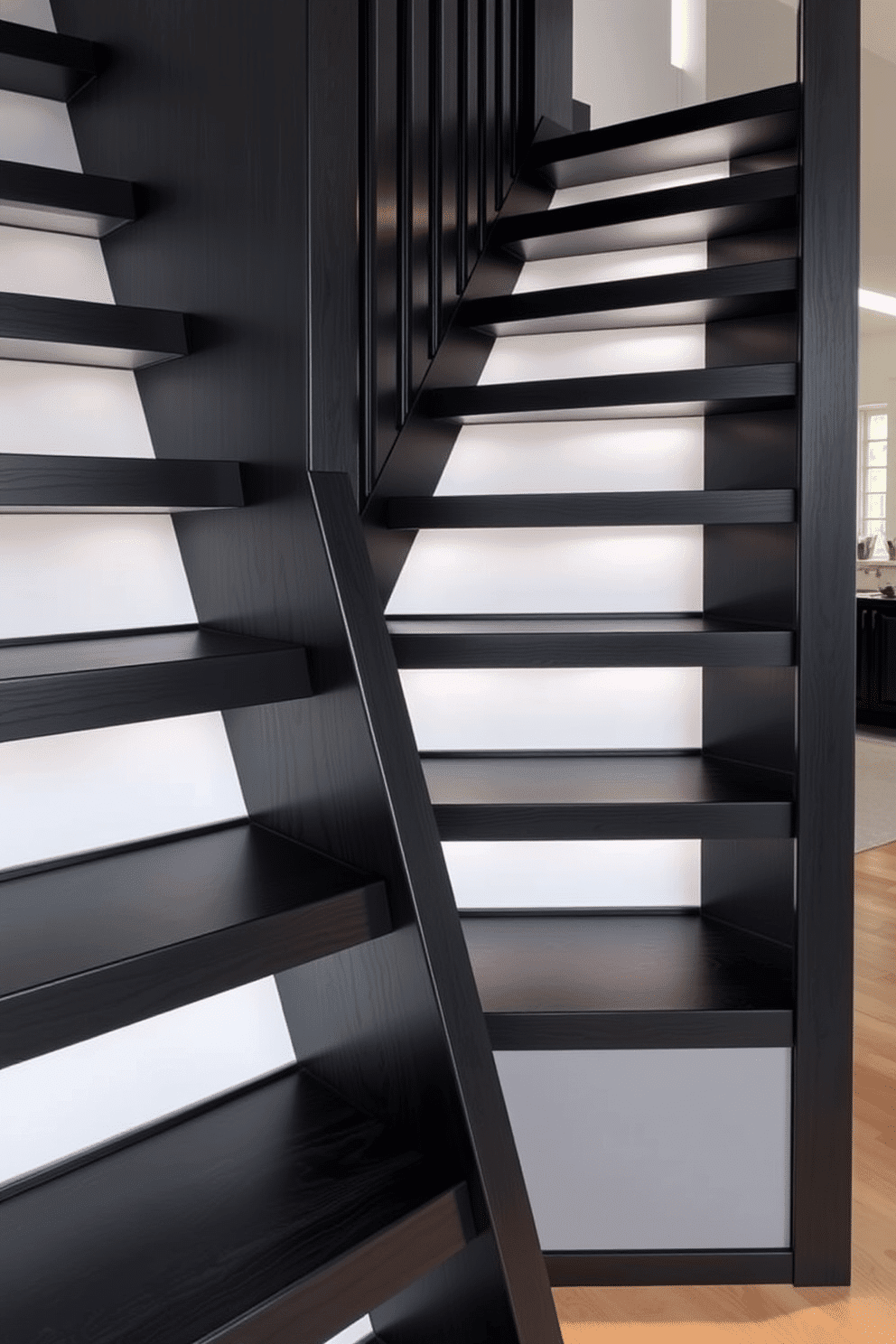 A stylish black staircase with integrated storage features sleek, minimalist lines and a modern aesthetic. The staircase is crafted from high-quality black wood, seamlessly blending functionality with elegance, while built-in shelves provide ample storage space beneath each step.