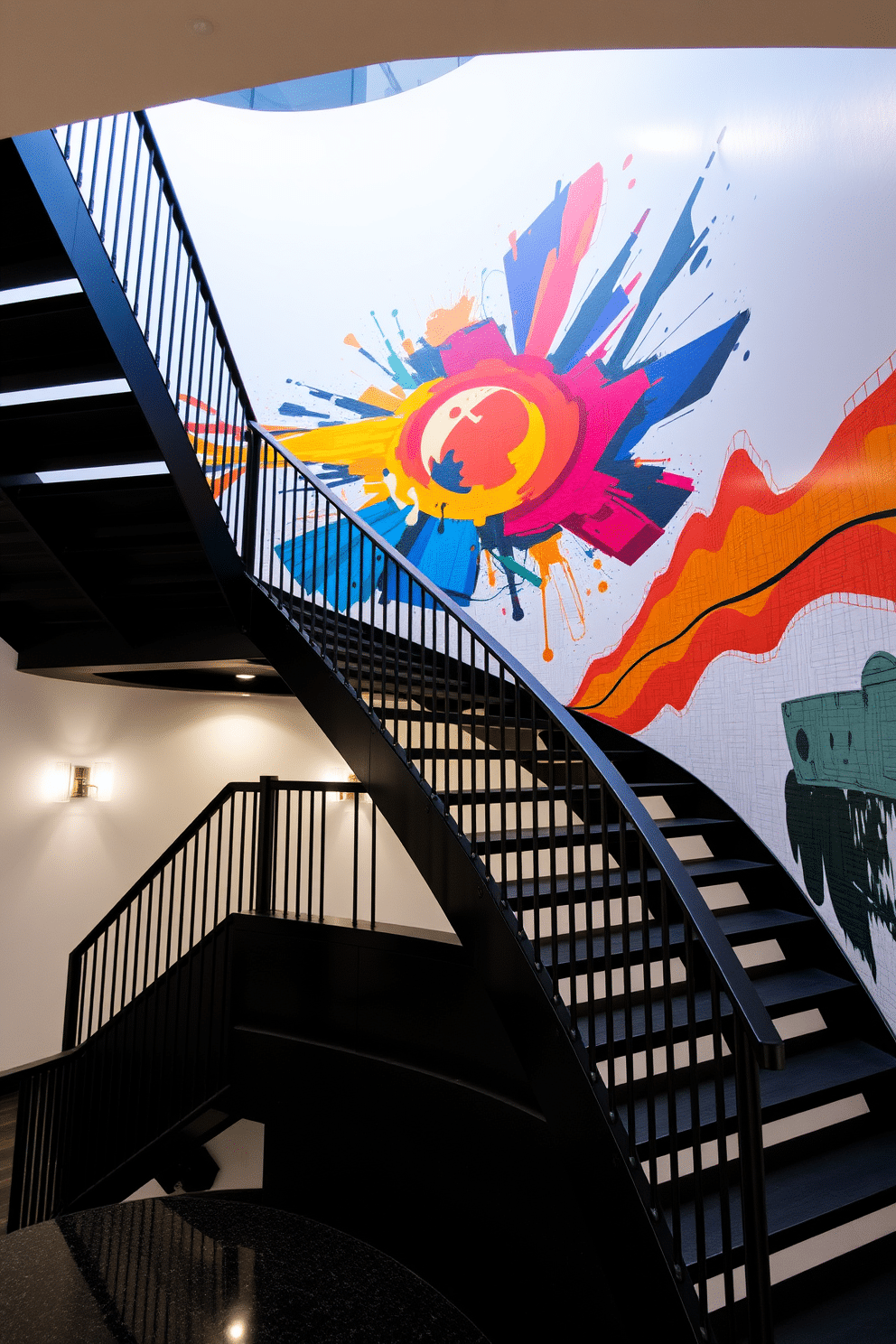 A striking black staircase ascends gracefully, its sleek lines contrasting beautifully with an artistic wall mural that wraps around the space. The mural features vibrant colors and abstract shapes, creating a dynamic focal point that draws the eye upward. The staircase itself boasts a minimalist design, with open risers that enhance the sense of space and light. Elegant lighting fixtures illuminate the staircase, casting soft shadows that accentuate the mural's intricate details.